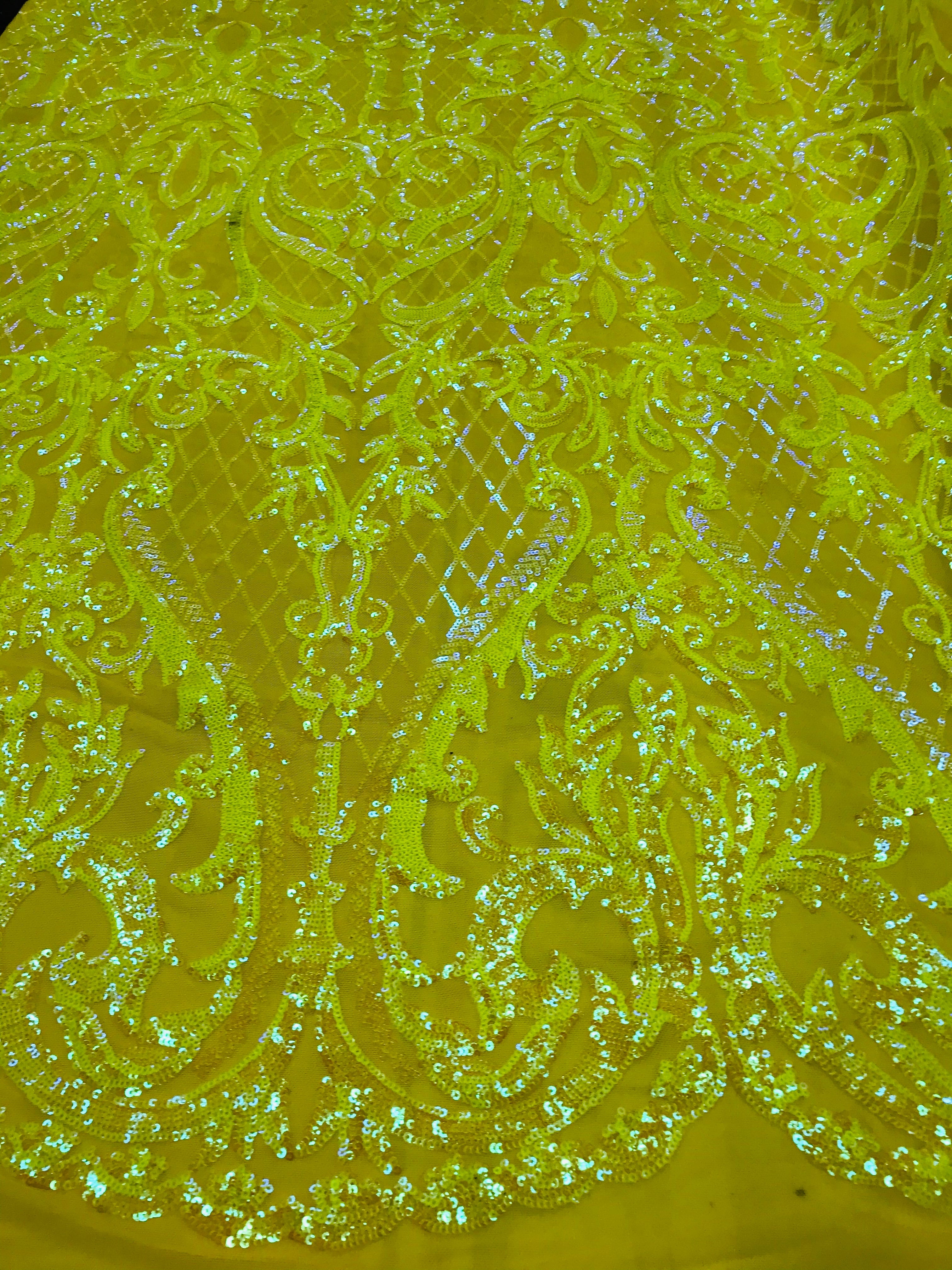 Heart Damask Sequins - Iridescent Yellow - 4 Way Stretch Bright Elegant Shiny Net Sequins Fabric