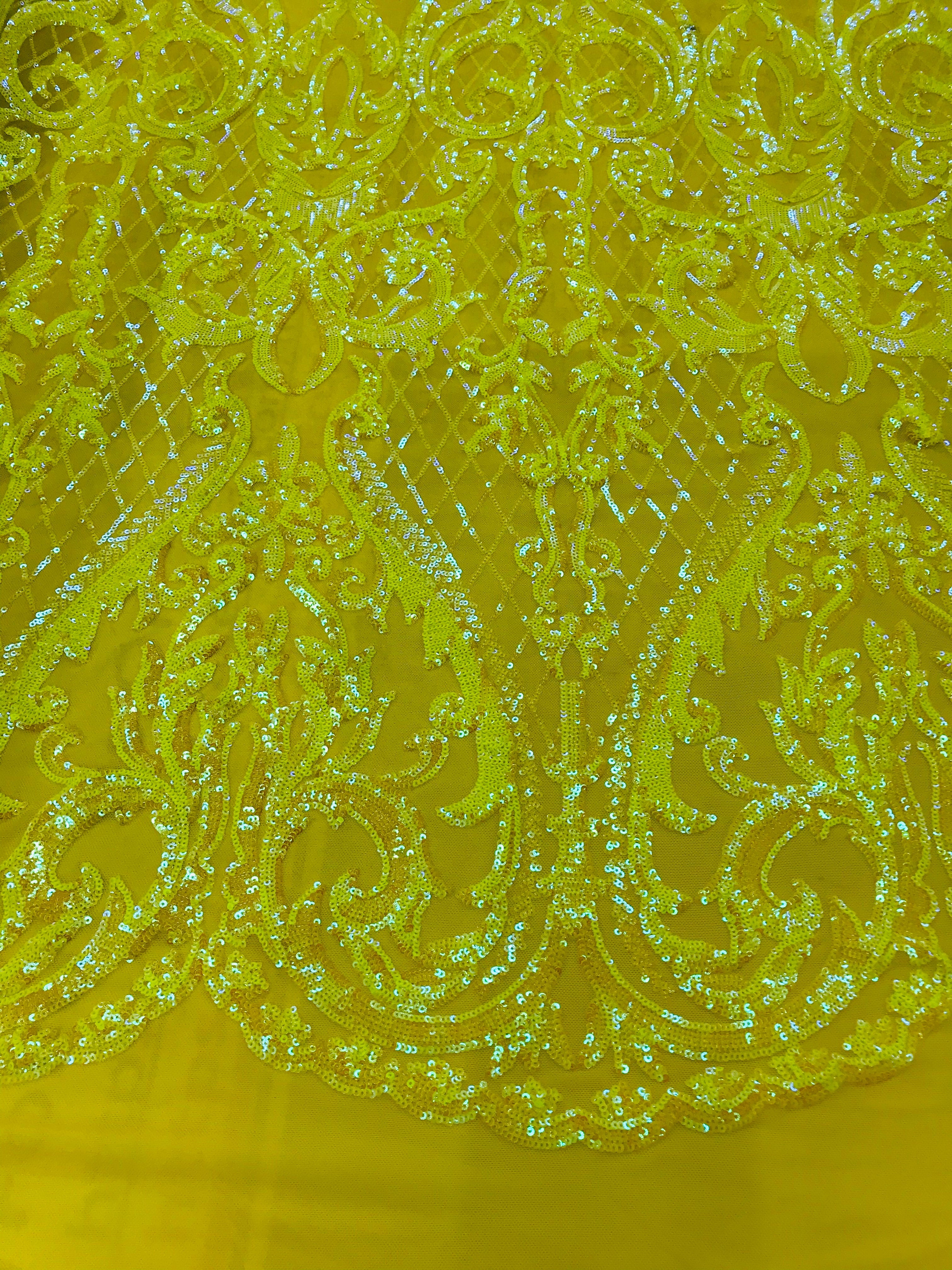 Heart Damask Sequins - Iridescent Yellow - 4 Way Stretch Bright Elegant Shiny Net Sequins Fabric