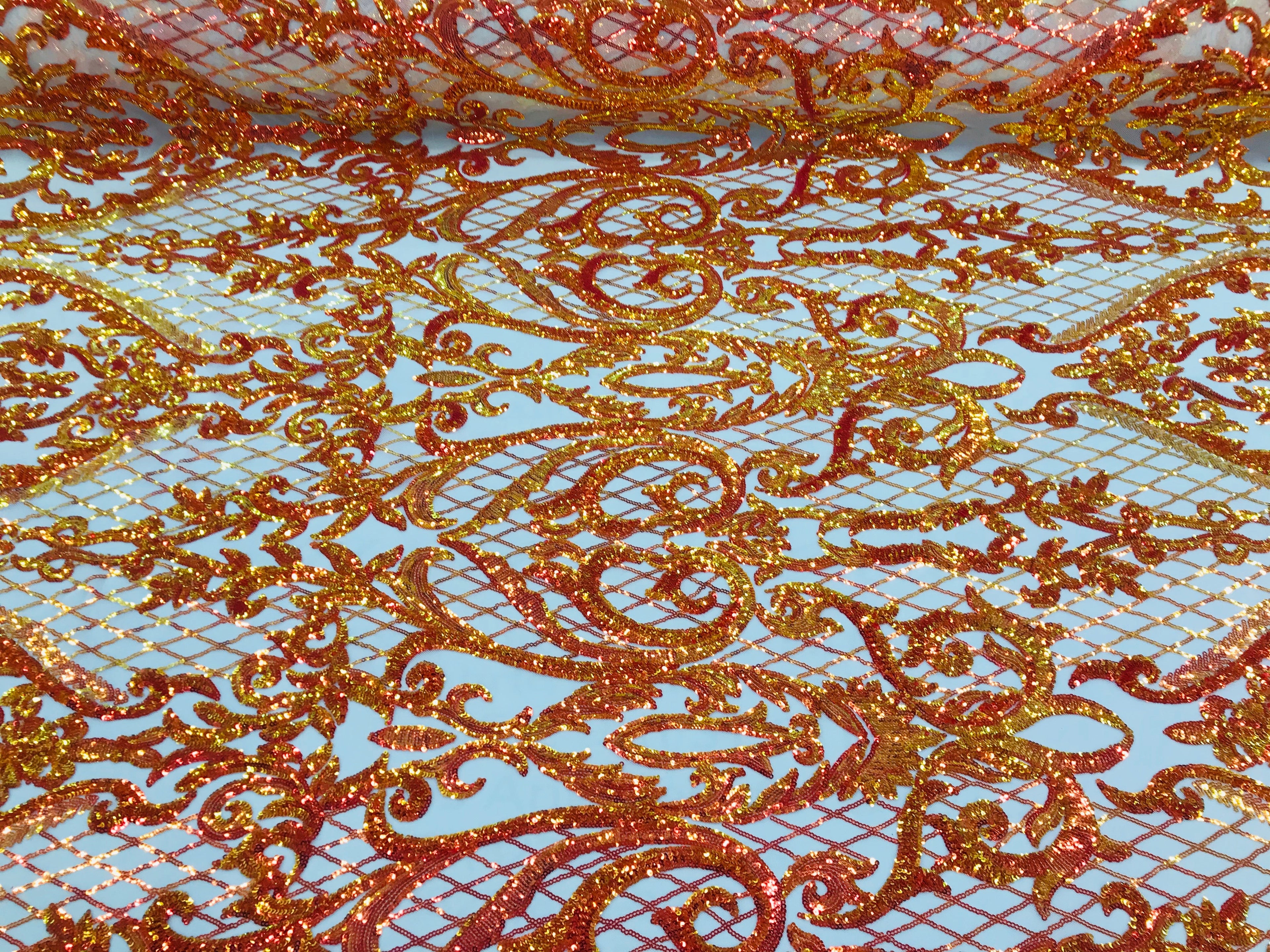 Heart Damask Sequins - Iridescent Orange - 4 Way Stretch Bright Elegant Shiny Net Sequins Fabric