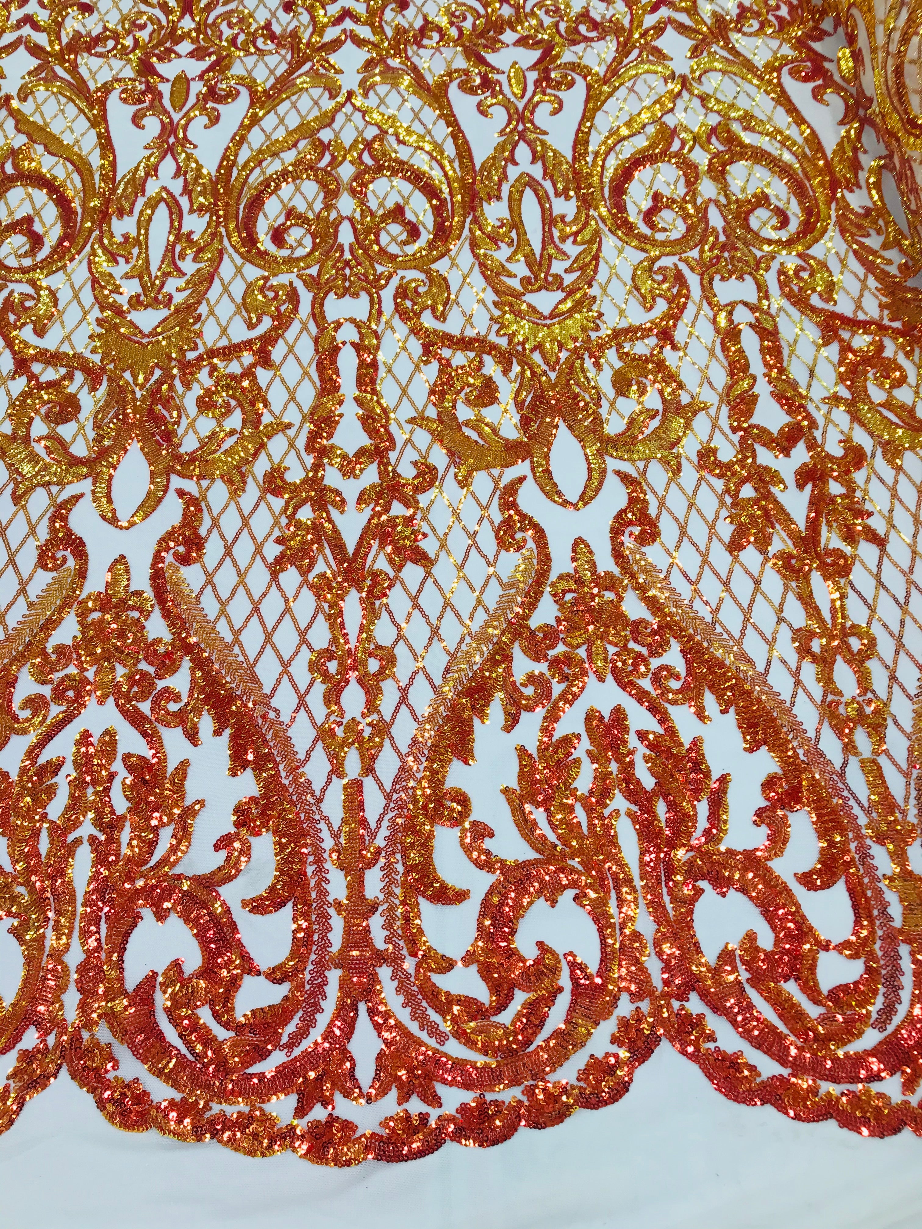 Heart Damask Sequins - Iridescent Orange - 4 Way Stretch Bright Elegant Shiny Net Sequins Fabric