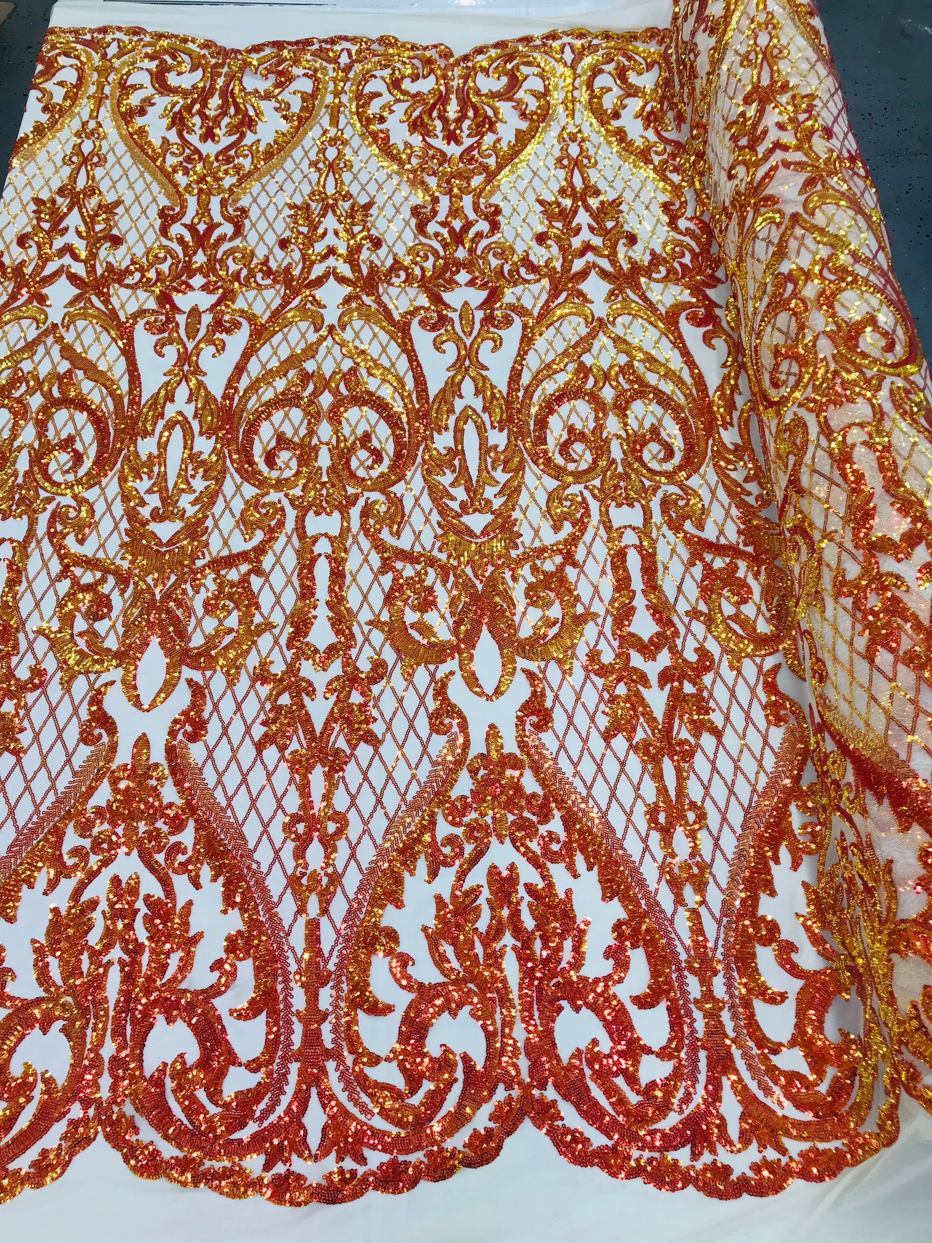 Heart Damask Sequins - Iridescent Orange - 4 Way Stretch Bright Elegant Shiny Net Sequins Fabric