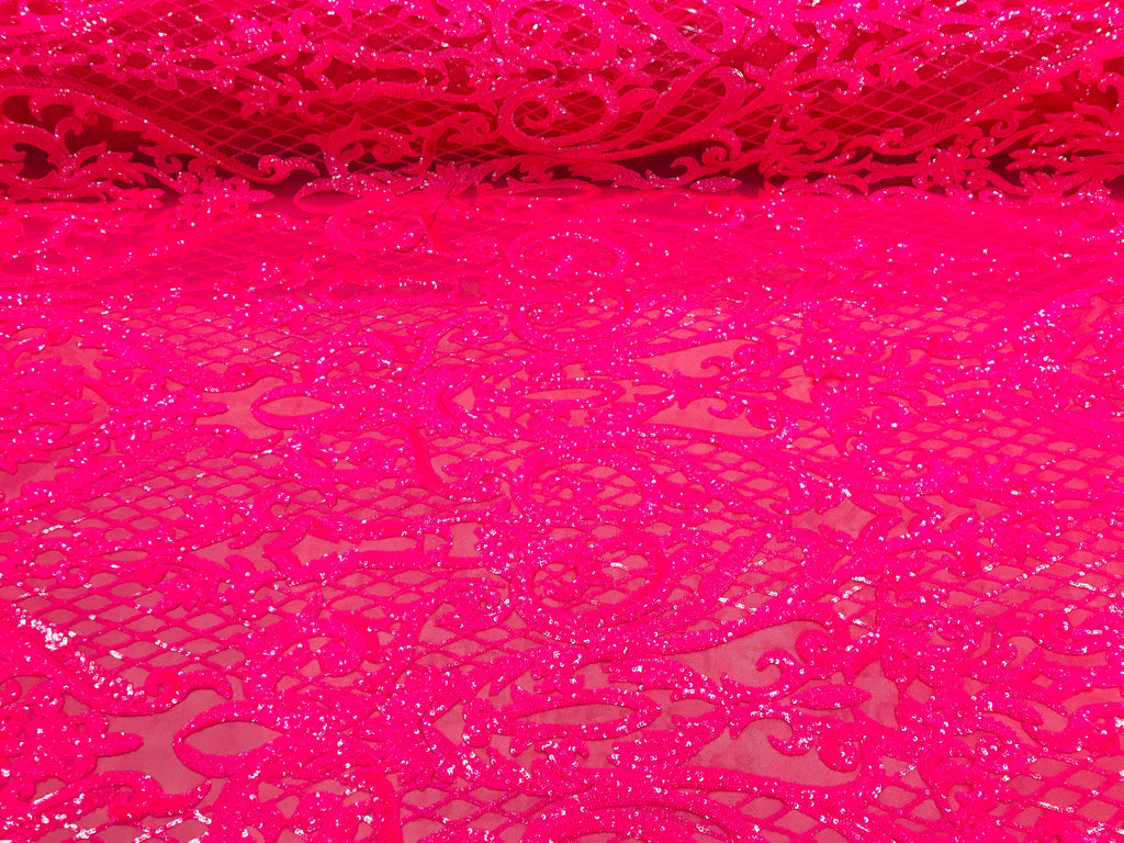 Heart Damask Sequins - Neon Pink - 4 Way Stretch Bright Elegant Shiny Net Sequins Fabric