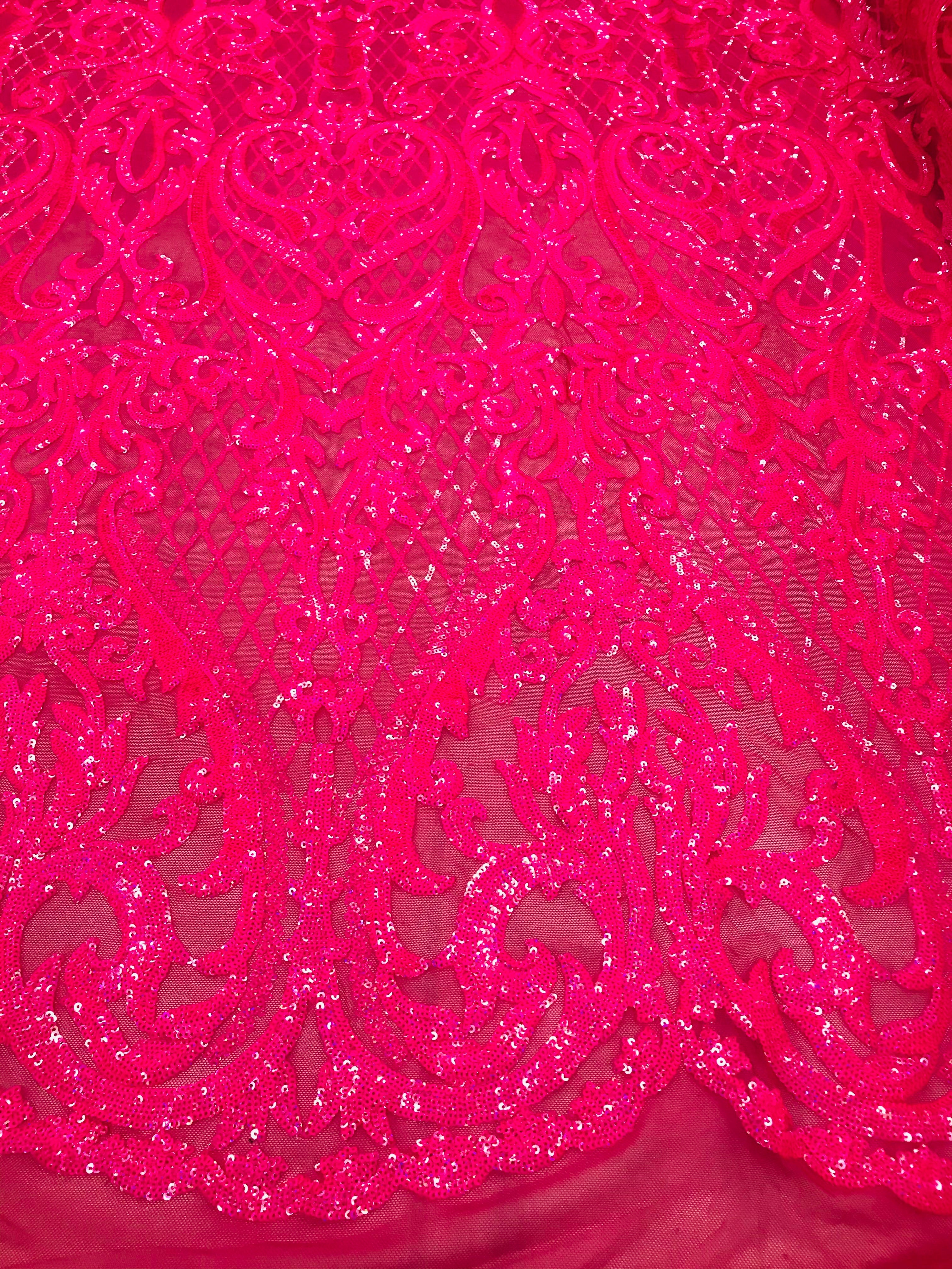 Heart Damask Sequins - Neon Pink - 4 Way Stretch Bright Elegant Shiny Net Sequins Fabric