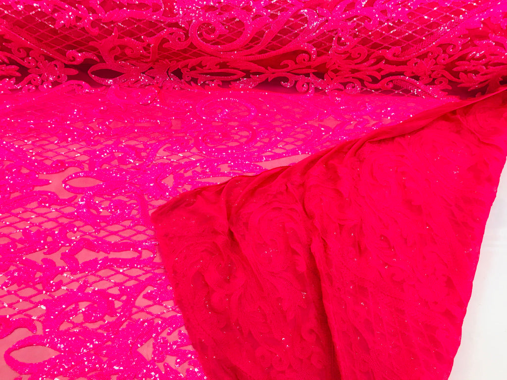 Heart Damask Sequins - Neon Pink - 4 Way Stretch Bright Elegant Shiny Net Sequins Fabric