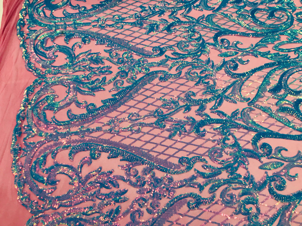 Heart Damask Sequins - Turquoise Magenta Mesh 4 Way Stretch Bright Elegant Shiny Net Sequins Fabric