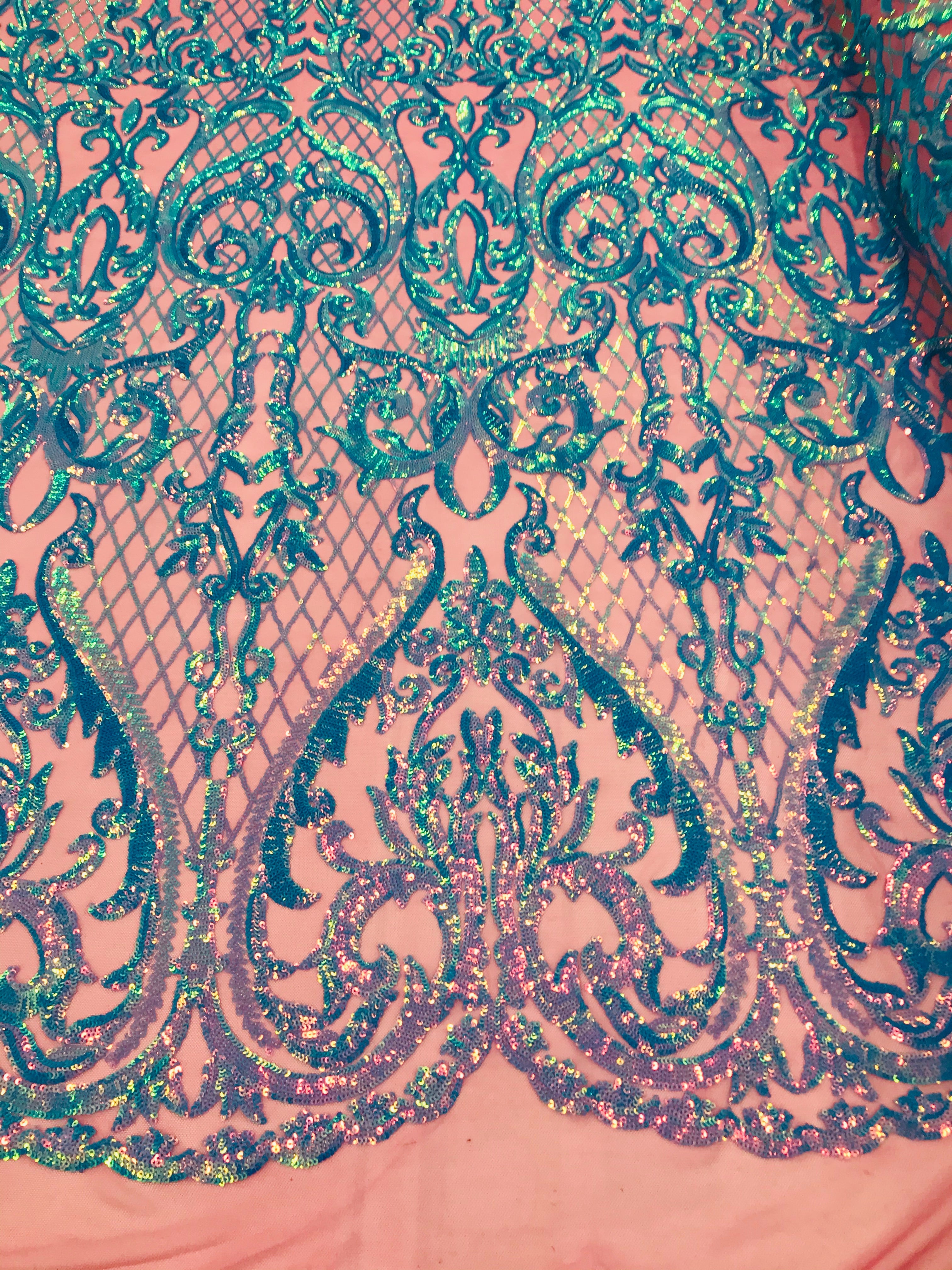 Heart Damask Sequins - Turquoise Magenta Mesh 4 Way Stretch Bright Elegant Shiny Net Sequins Fabric
