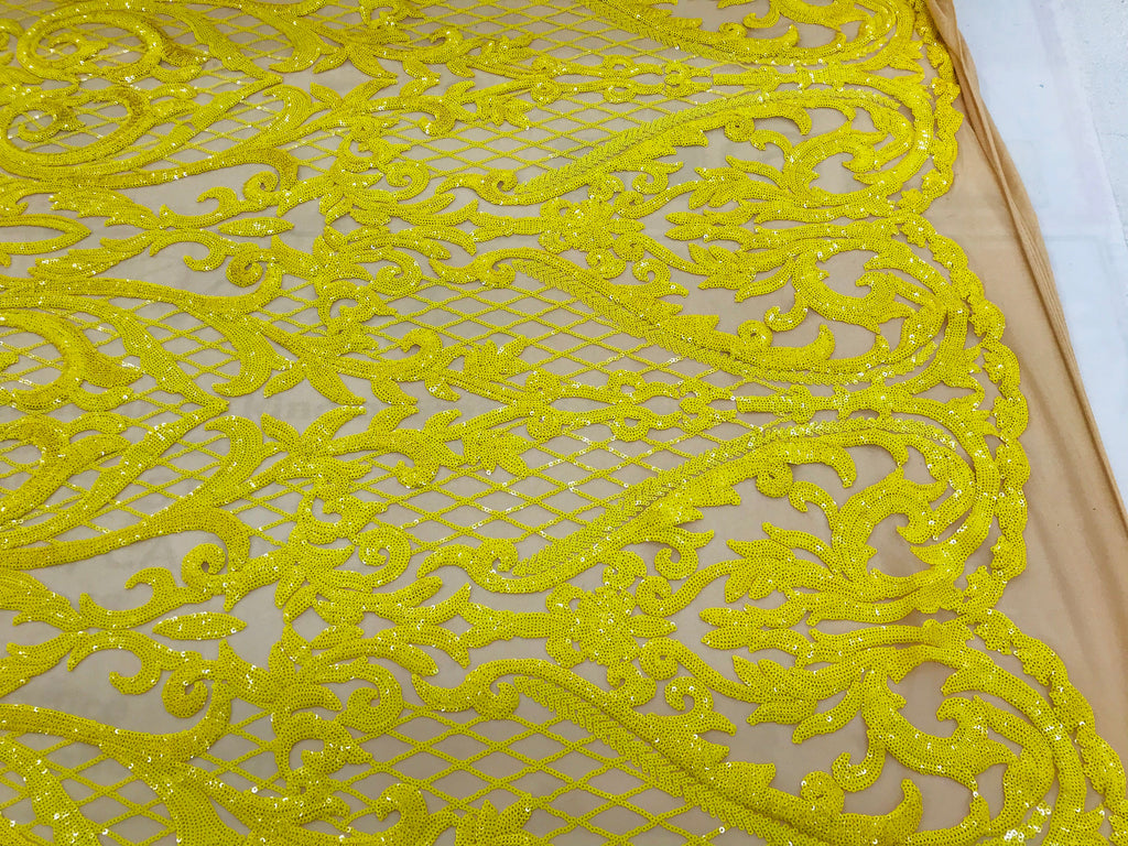 Heart Damask Sequins - Yellow Nude Mesh 4 Way Stretch Bright Elegant Shiny Net Sequins Fabric