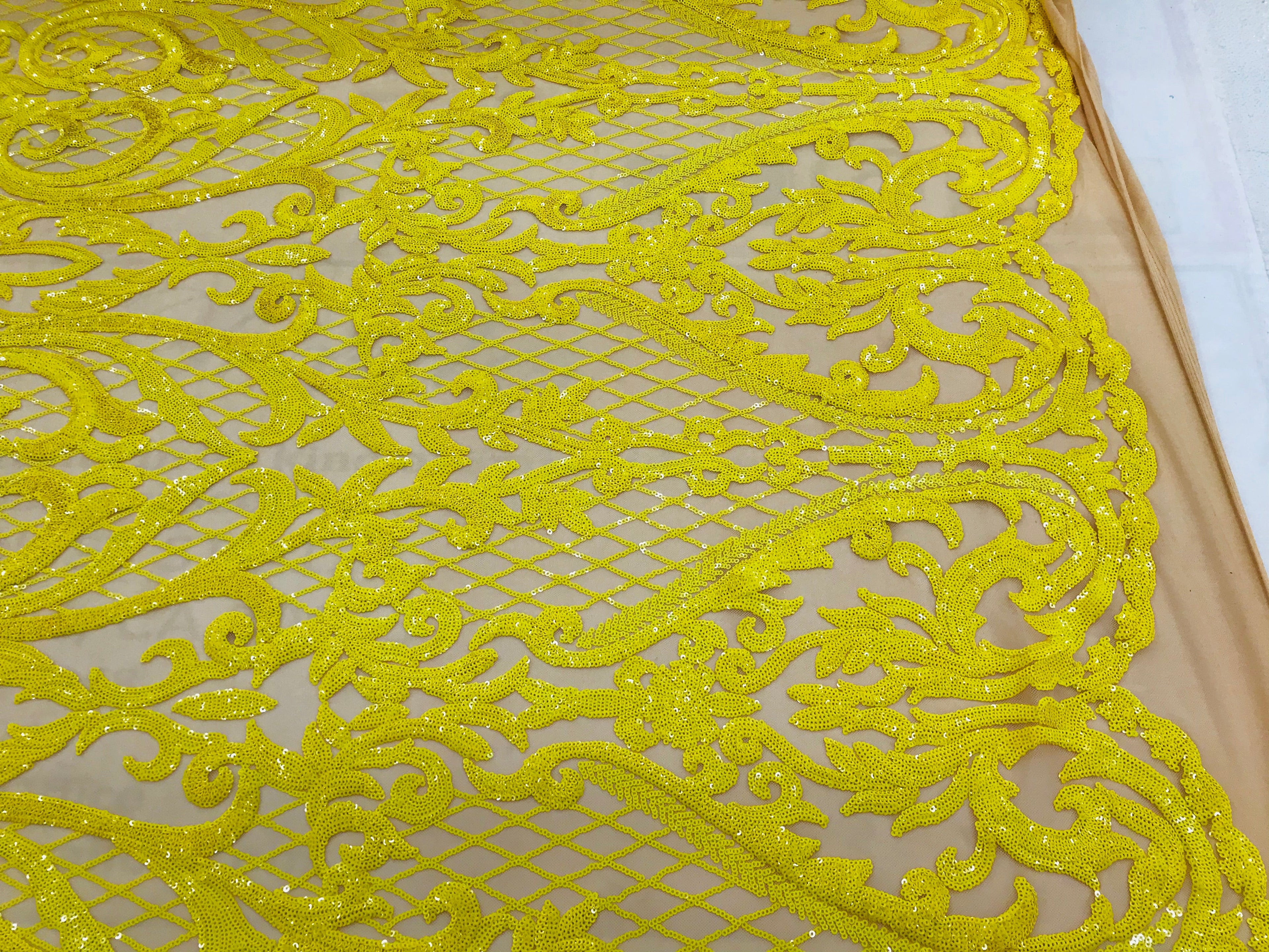 Heart Damask Sequins - Yellow Nude Mesh 4 Way Stretch Bright Elegant Shiny Net Sequins Fabric
