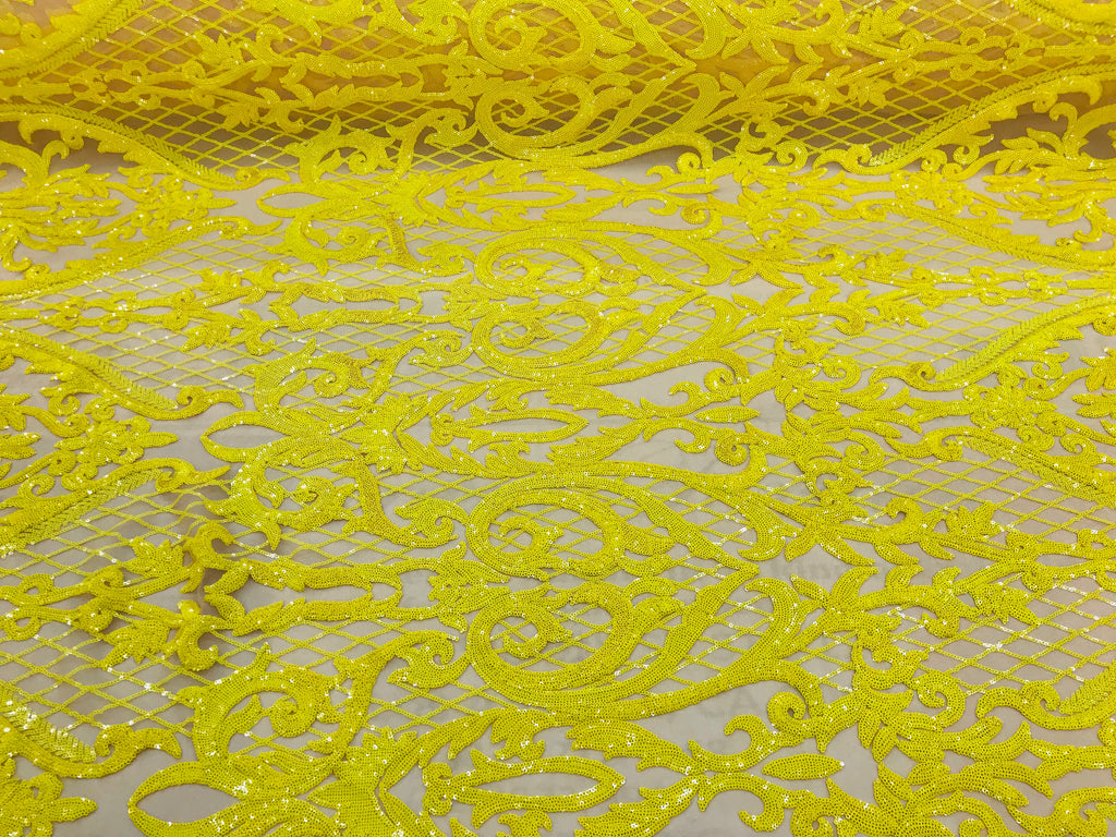 Heart Damask Sequins - Yellow Nude Mesh 4 Way Stretch Bright Elegant Shiny Net Sequins Fabric