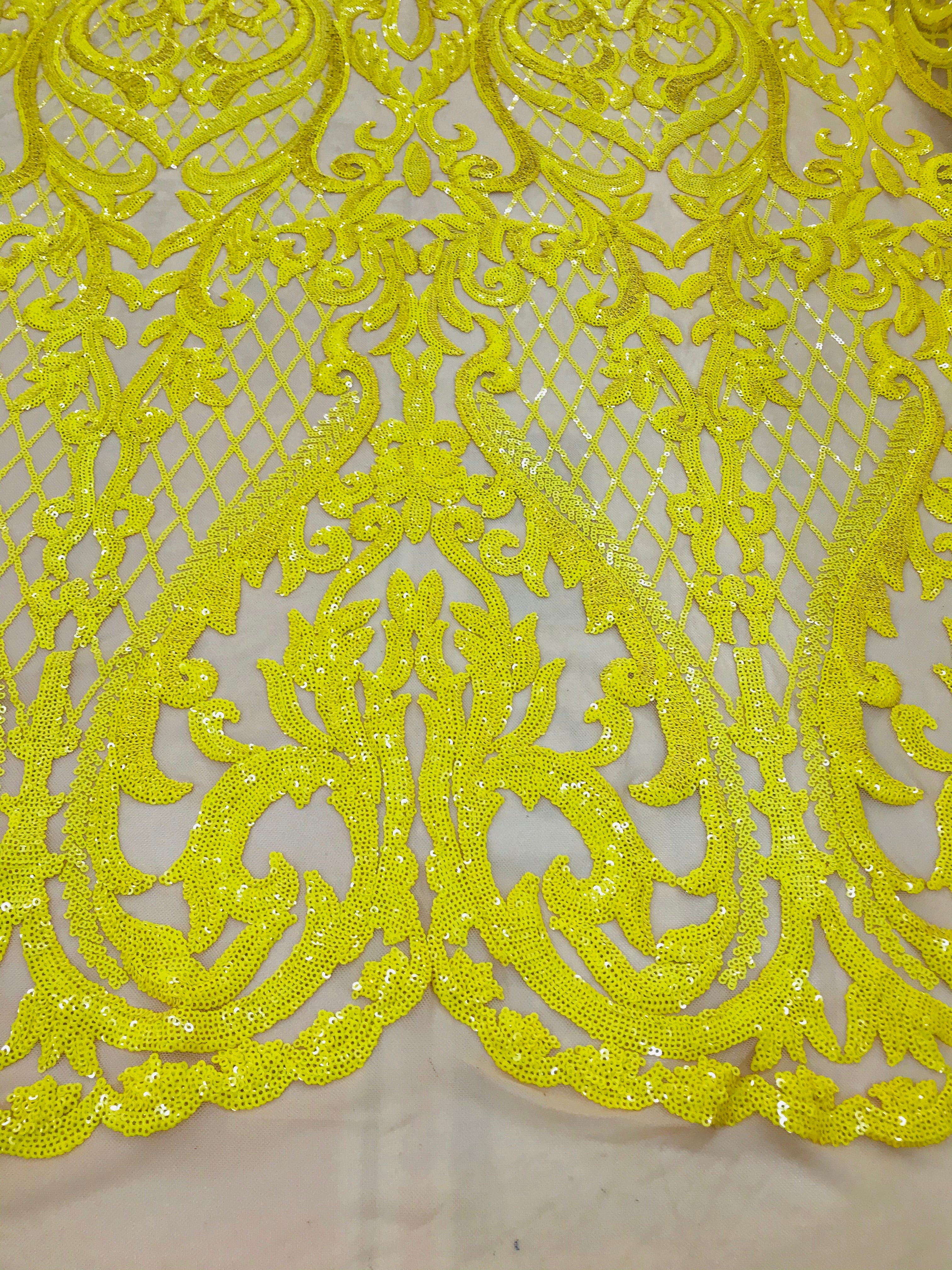 Heart Damask Sequins - Yellow Nude Mesh 4 Way Stretch Bright Elegant Shiny Net Sequins Fabric