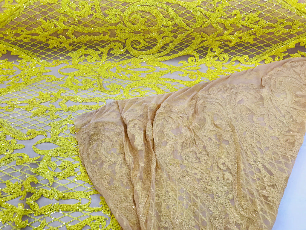 Heart Damask Sequins - Yellow Nude Mesh 4 Way Stretch Bright Elegant Shiny Net Sequins Fabric