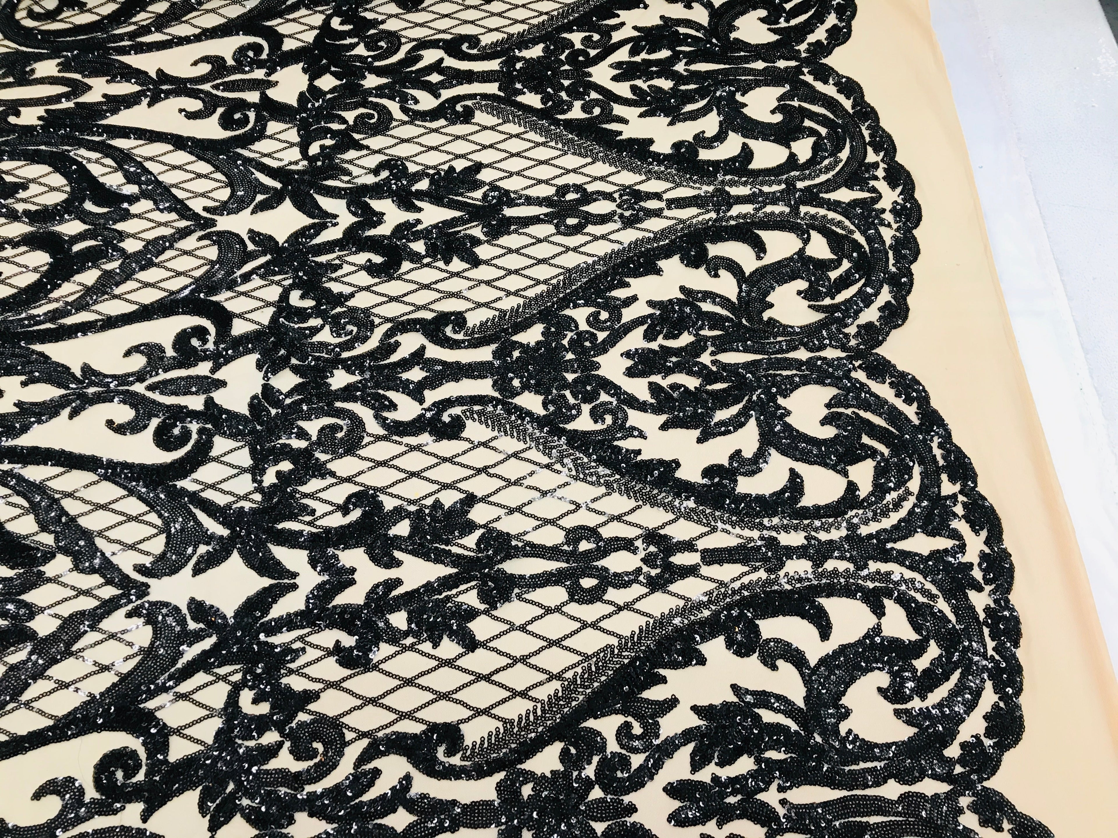 Heart Damask Sequins - Black Nude Mesh - 4 Way Stretch Bright Elegant Shiny Net Sequins Fabric