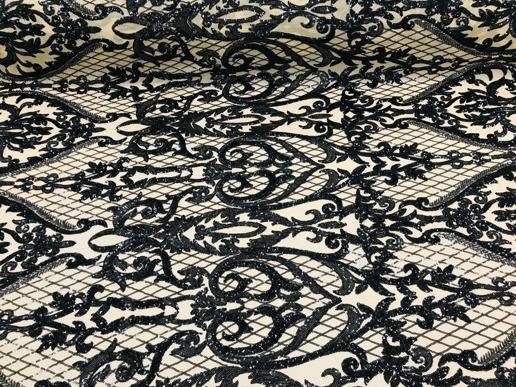 Heart Damask Sequins - Black Nude Mesh - 4 Way Stretch Bright Elegant Shiny Net Sequins Fabric