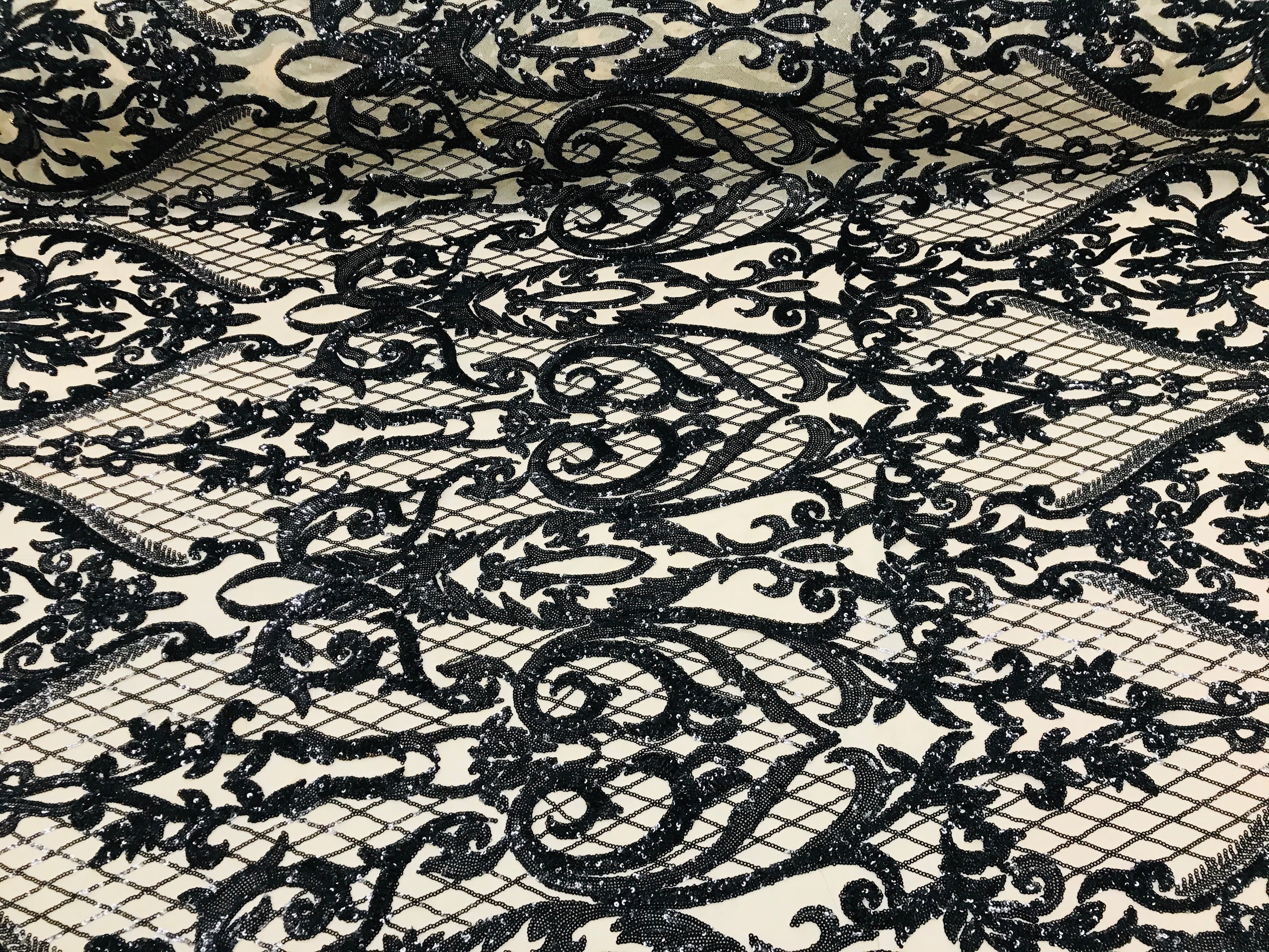 Heart Damask Sequins - Black Nude Mesh - 4 Way Stretch Bright Elegant Shiny Net Sequins Fabric