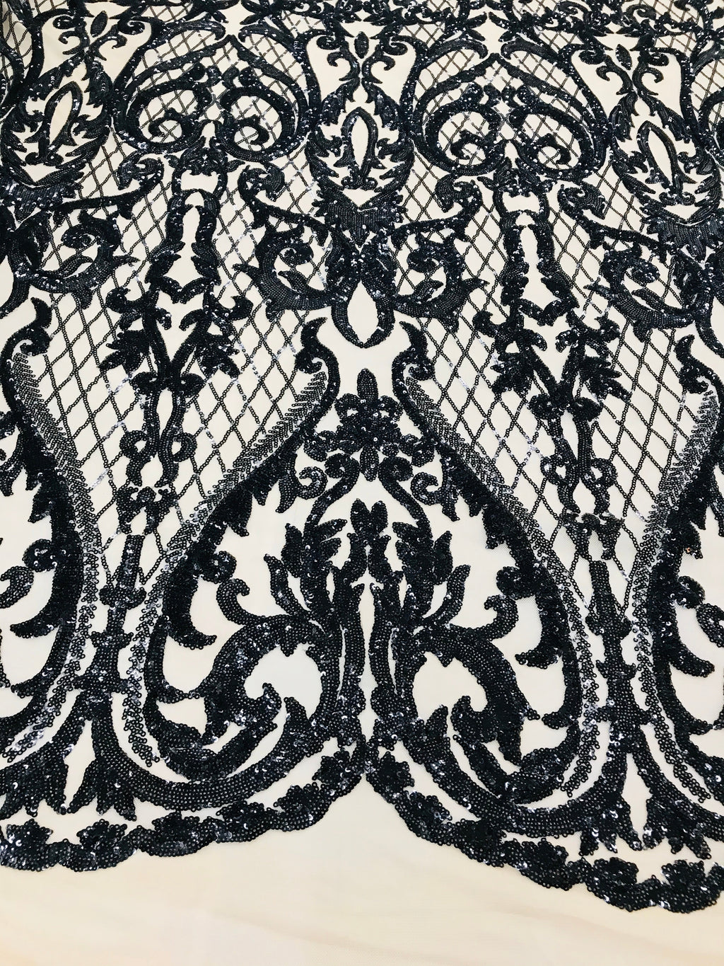 Heart Damask Sequins - Black Nude Mesh - 4 Way Stretch Bright Elegant Shiny Net Sequins Fabric