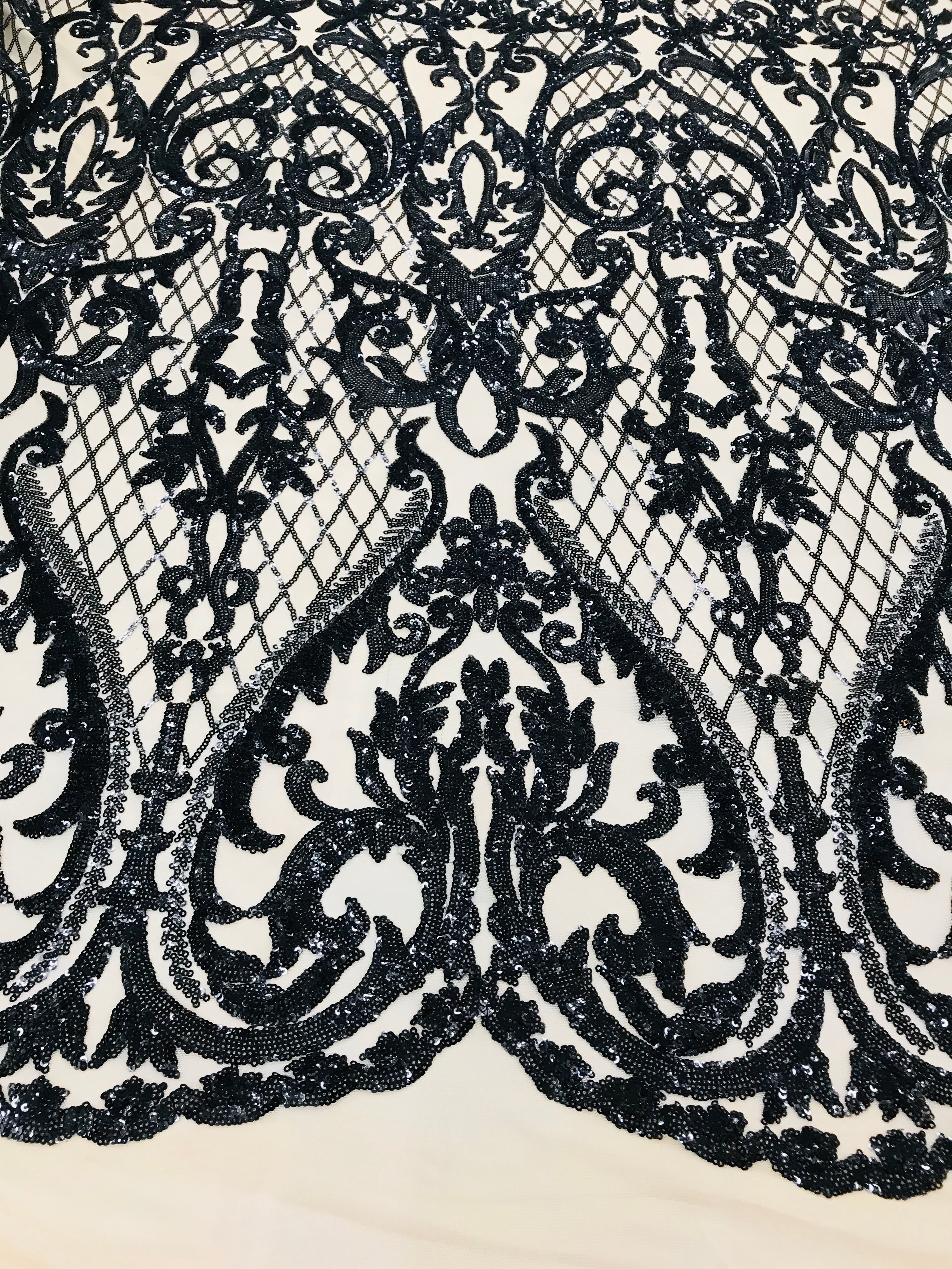 Heart Damask Sequins - Black Nude Mesh - 4 Way Stretch Bright Elegant Shiny Net Sequins Fabric