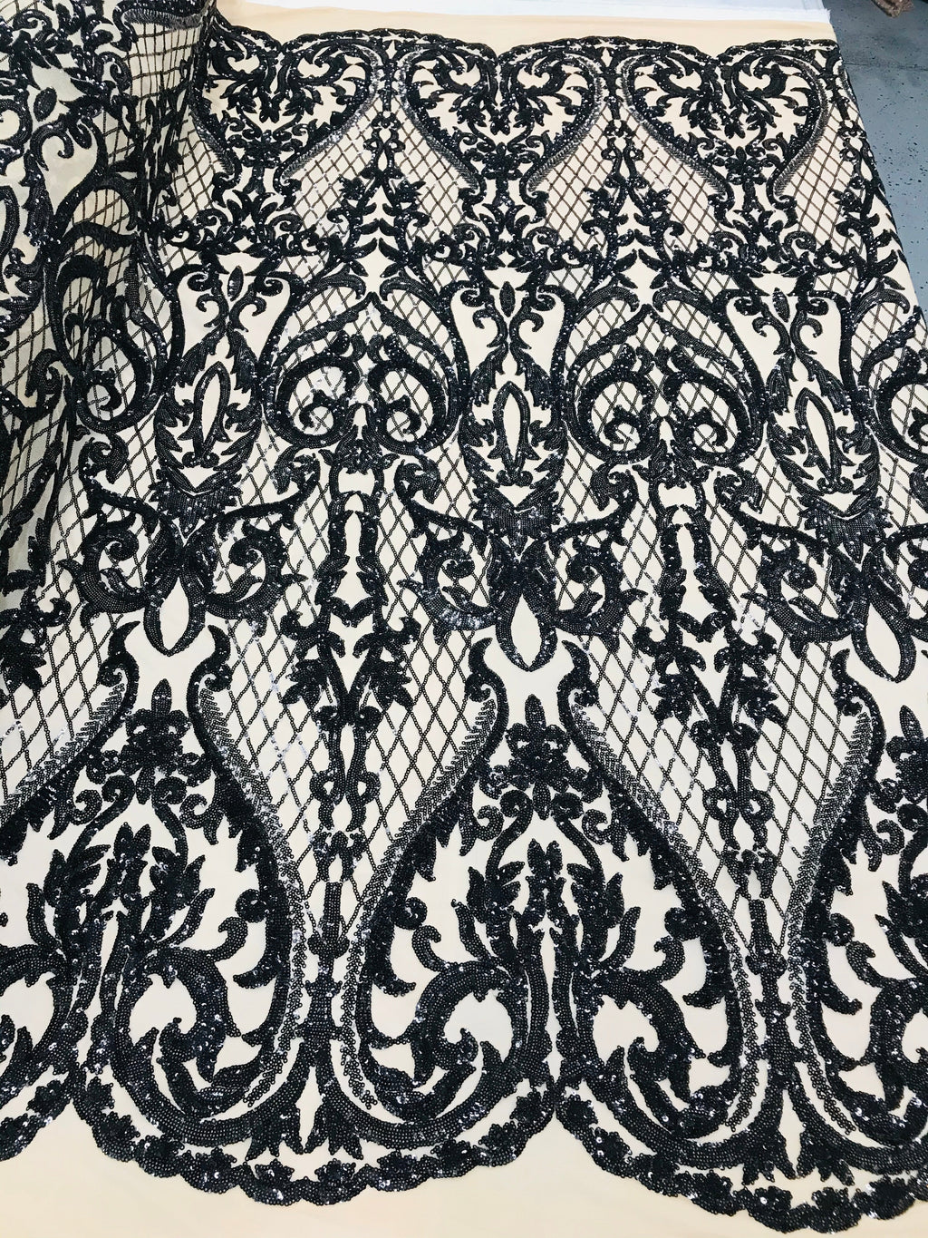 Heart Damask Sequins - Black Nude Mesh - 4 Way Stretch Bright Elegant Shiny Net Sequins Fabric