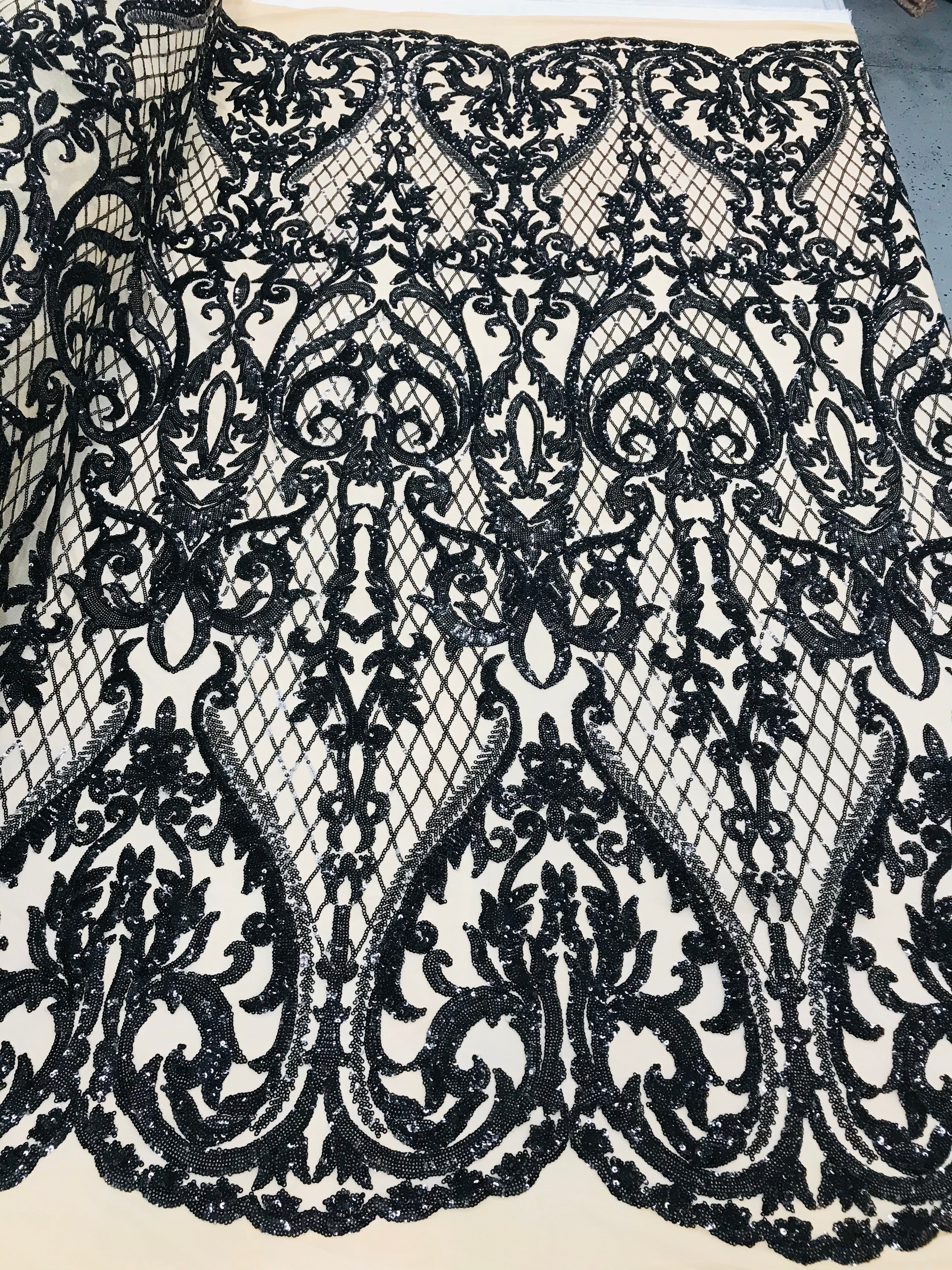 Heart Damask Sequins - Black Nude Mesh - 4 Way Stretch Bright Elegant Shiny Net Sequins Fabric