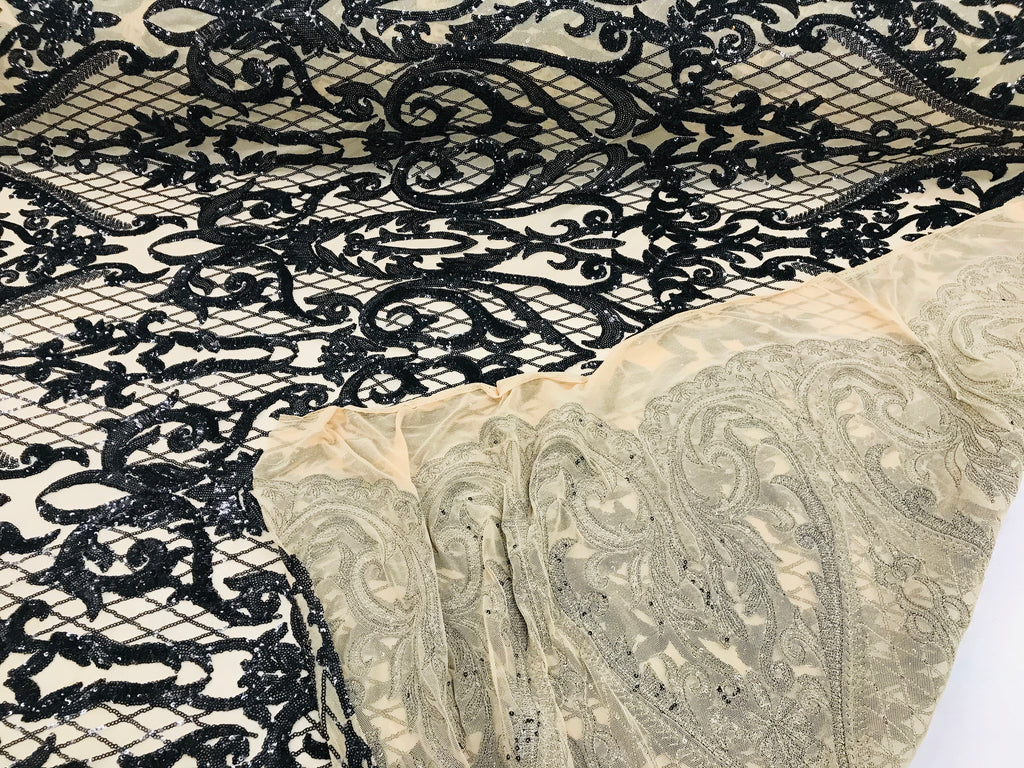 Heart Damask Sequins - Black Nude Mesh - 4 Way Stretch Bright Elegant Shiny Net Sequins Fabric