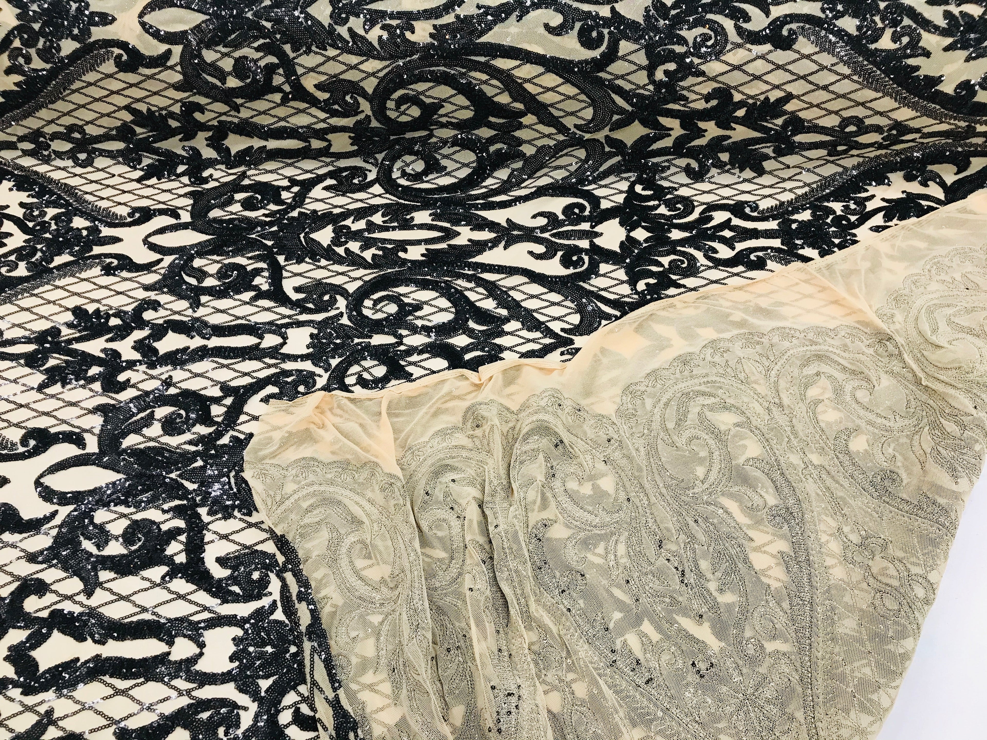 Heart Damask Sequins - Black Nude Mesh - 4 Way Stretch Bright Elegant Shiny Net Sequins Fabric