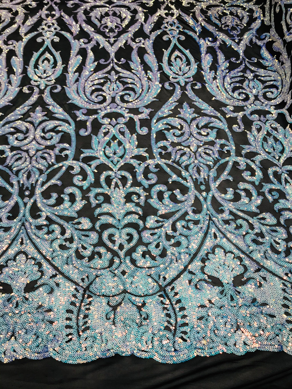 Heart Damask Sequins - Unicorn Black Mesh - 4 Way Stretch Bright Elegant Shiny Net Sequins Fabric
