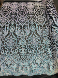 Heart Damask Sequins - Unicorn Black Mesh - 4 Way Stretch Bright Elegant Shiny Net Sequins Fabric
