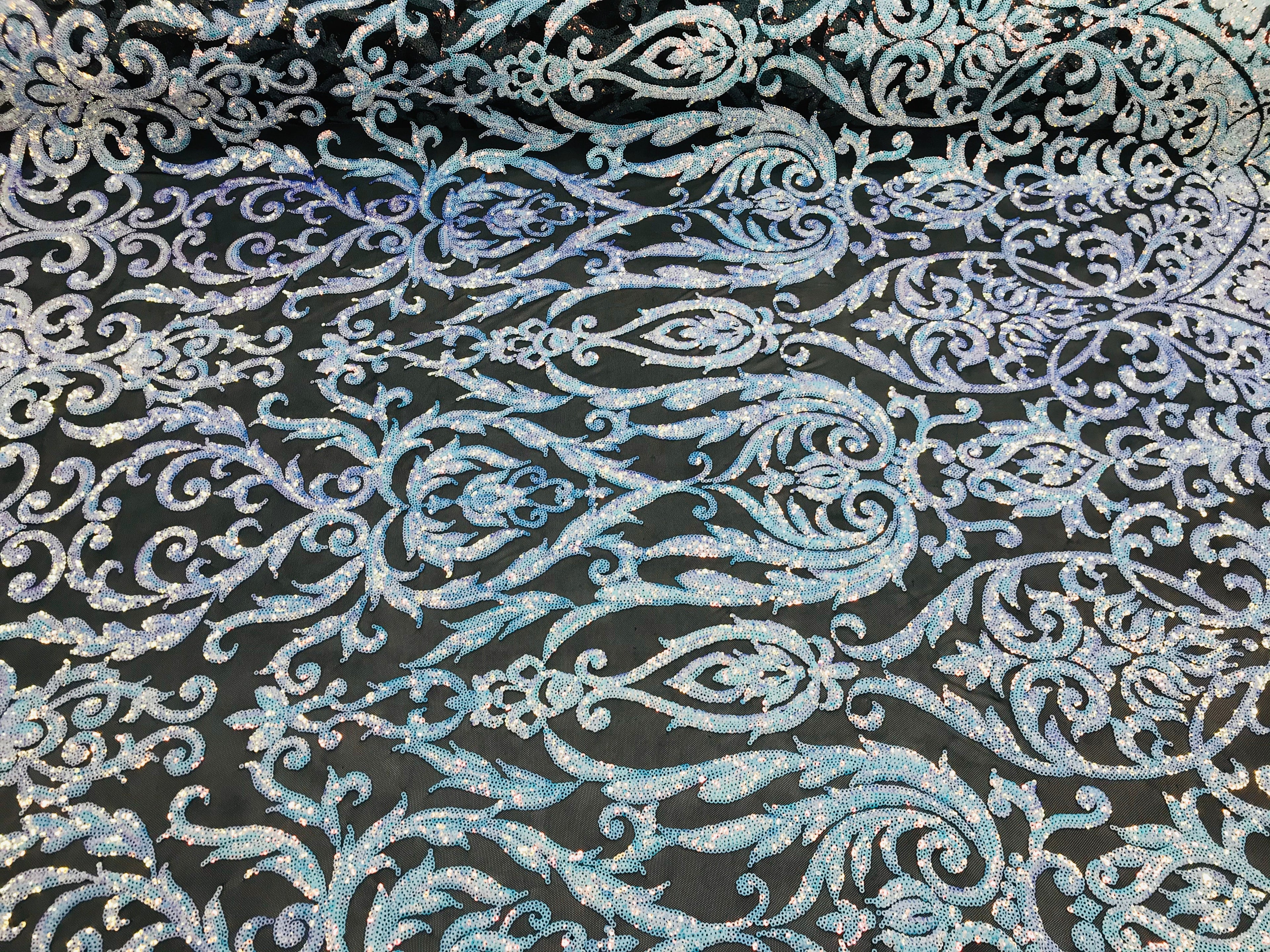 Heart Damask Sequins - Unicorn Black Mesh - 4 Way Stretch Bright Elegant Shiny Net Sequins Fabric