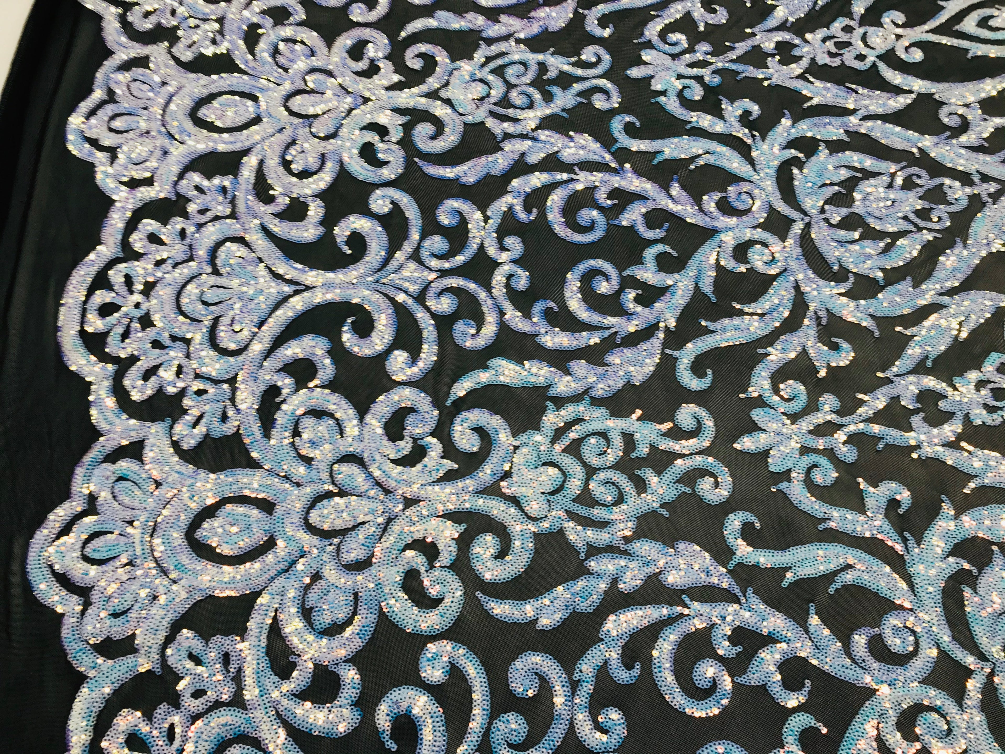 Heart Damask Sequins - Unicorn Black Mesh - 4 Way Stretch Bright Elegant Shiny Net Sequins Fabric