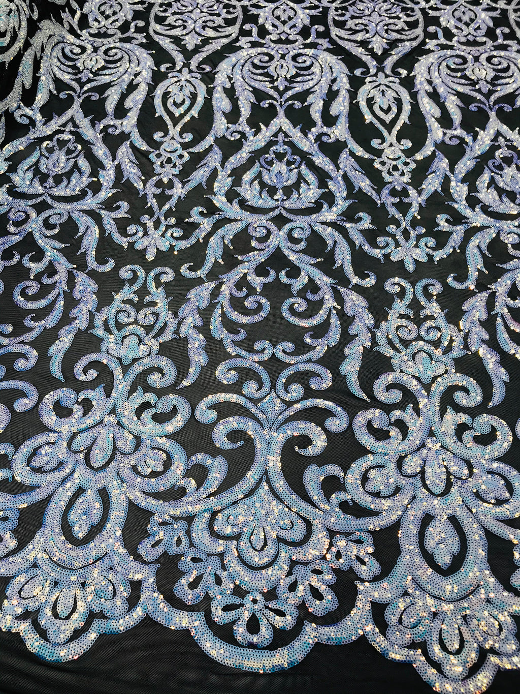 Heart Damask Sequins - Unicorn Black Mesh - 4 Way Stretch Bright Elegant Shiny Net Sequins Fabric