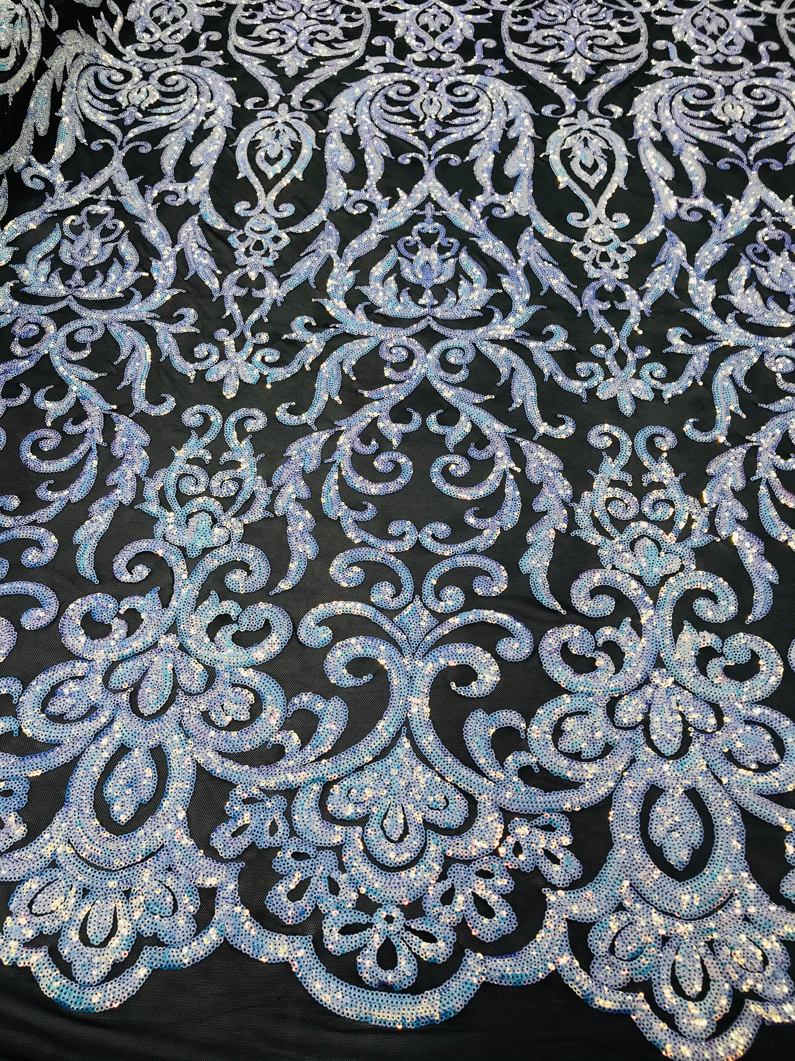 Heart Damask Sequins - Unicorn Black Mesh - 4 Way Stretch Bright Elegant Shiny Net Sequins Fabric