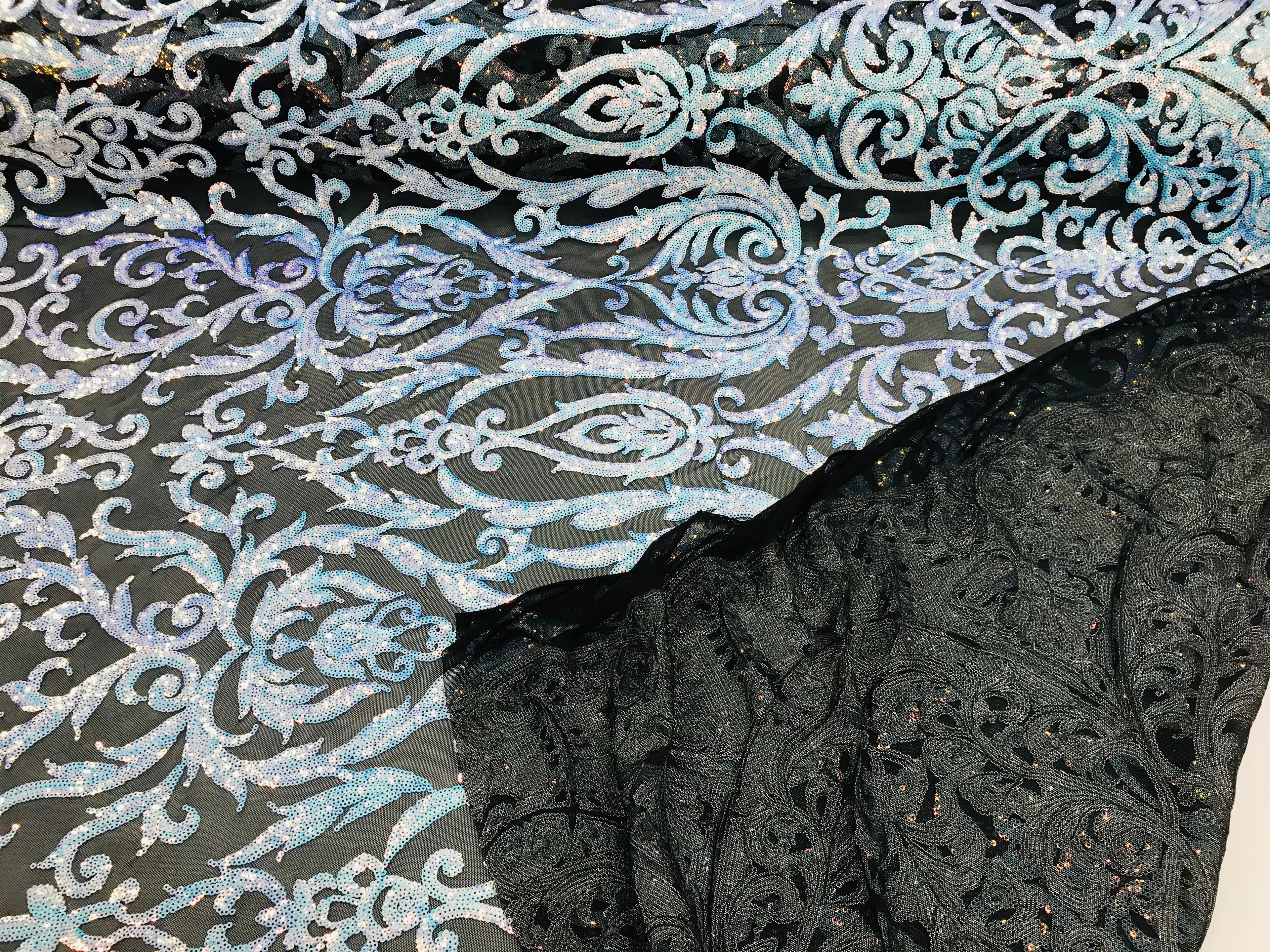 Heart Damask Sequins - Unicorn Black Mesh - 4 Way Stretch Bright Elegant Shiny Net Sequins Fabric
