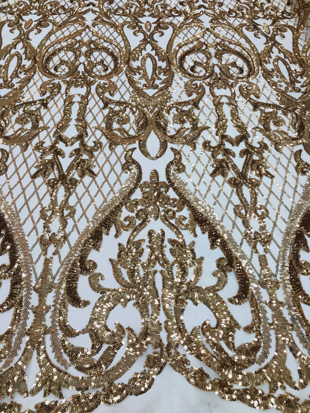 Heart Damask Sequins - Gold - 4 Way Stretch Bright Elegant Shiny Net Sequins Fabric