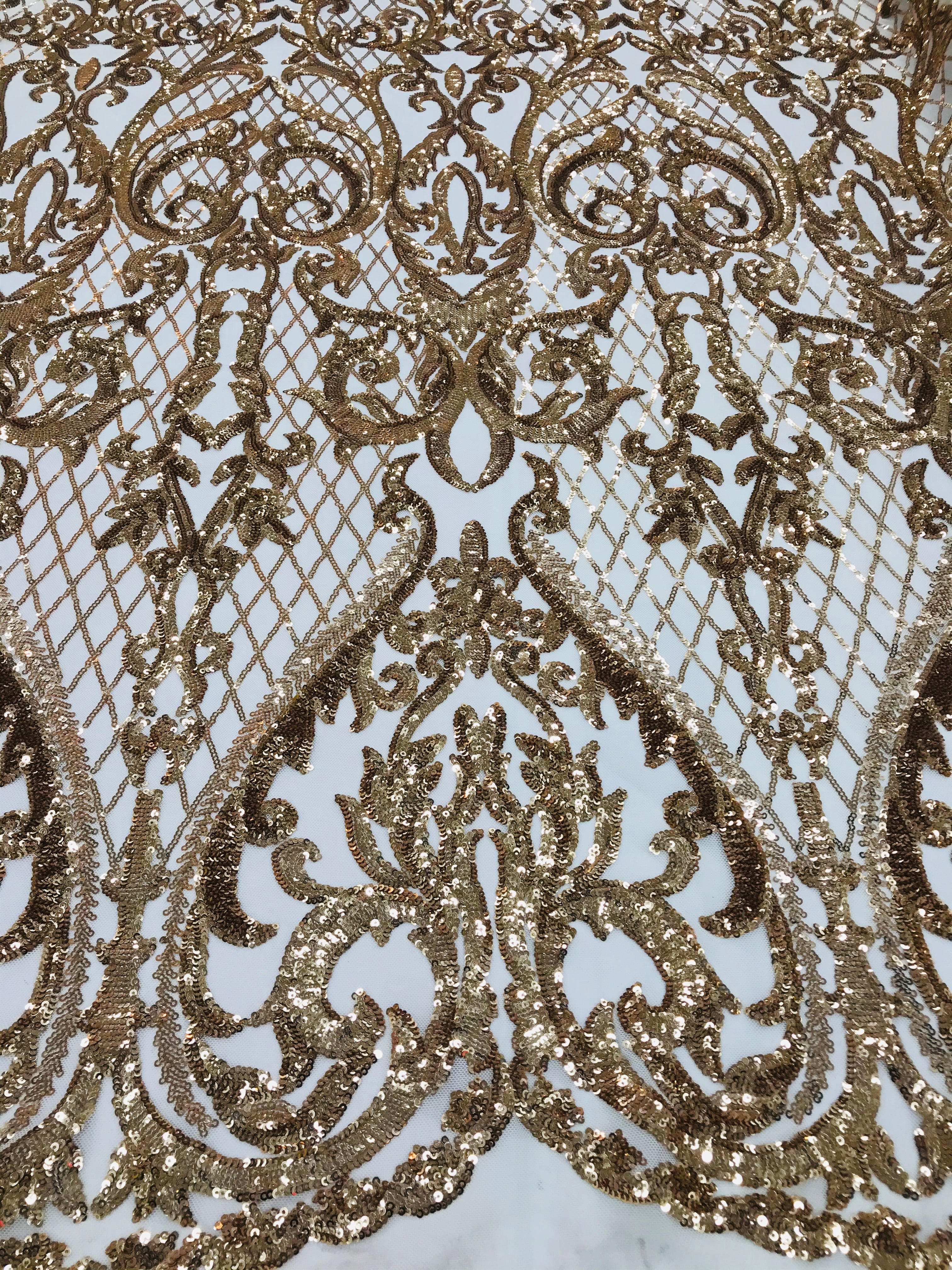 Heart Damask Sequins - Gold - 4 Way Stretch Bright Elegant Shiny Net Sequins Fabric