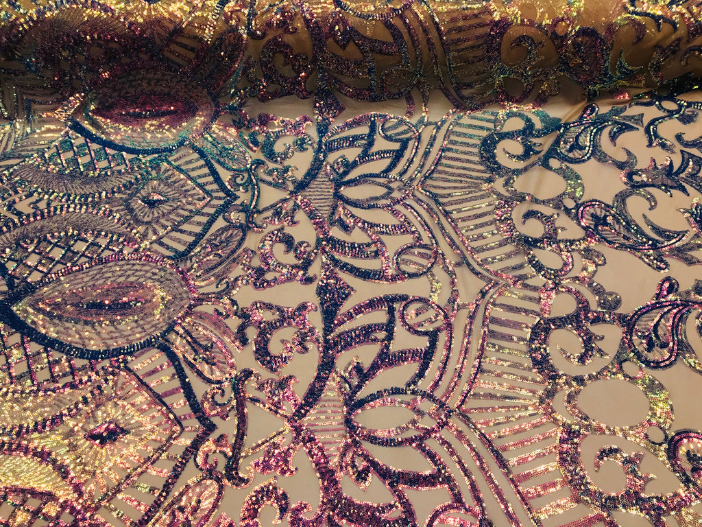Iridescent Lavender Sequin - 4 Way Stretch Embroidered Royalty Sequins Fancy Design Fabric By Yard