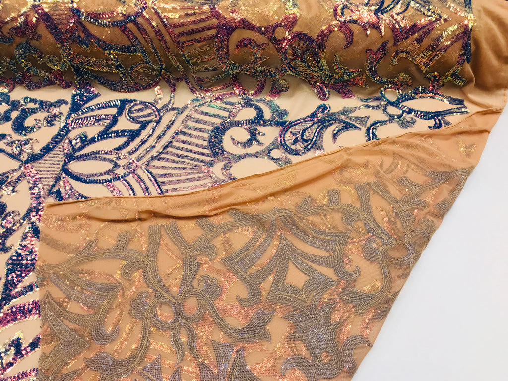 Iridescent Lavender Sequin - 4 Way Stretch Embroidered Royalty Sequins Fancy Design Fabric By Yard