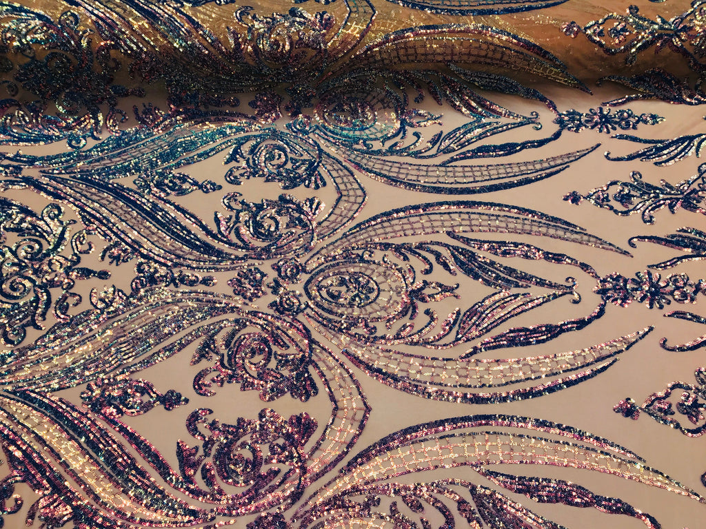 Big Damask Sequins Fabric - Iridescent Lavender - 4 Way Stretch Damask Sequins Design Fabric By Yard