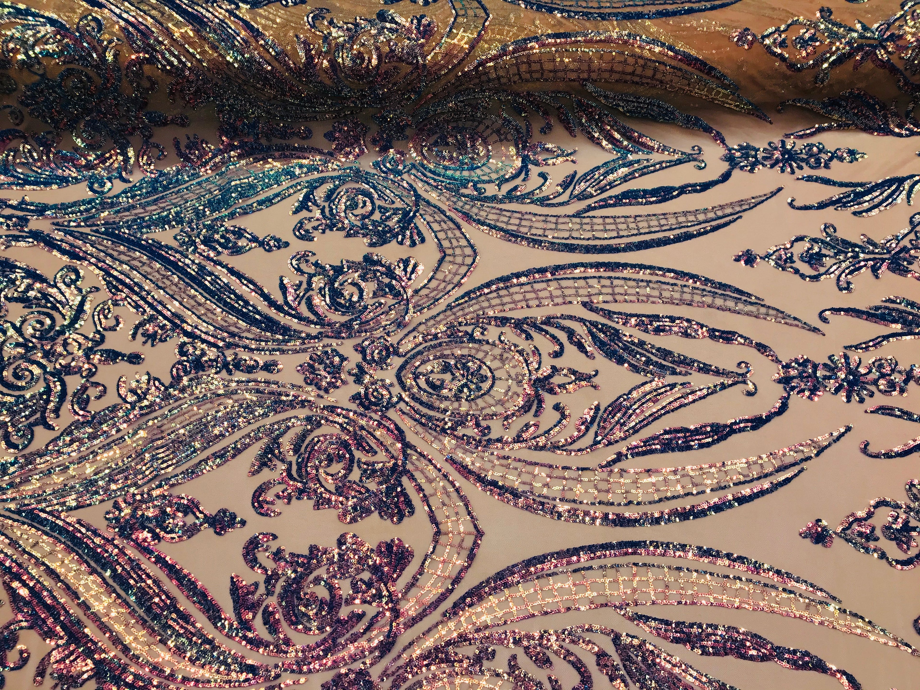 Big Damask Sequins Fabric - Iridescent Lavender - 4 Way Stretch Damask Sequins Design Fabric By Yard