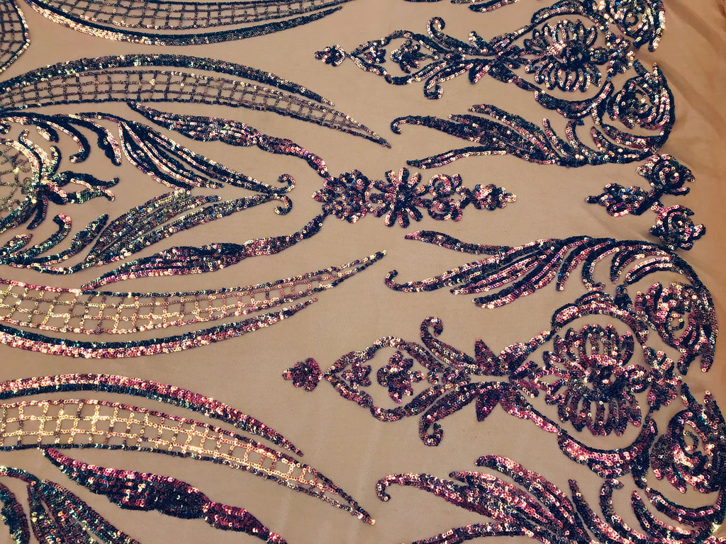 Big Damask Sequins Fabric - Iridescent Lavender - 4 Way Stretch Damask Sequins Design Fabric By Yard