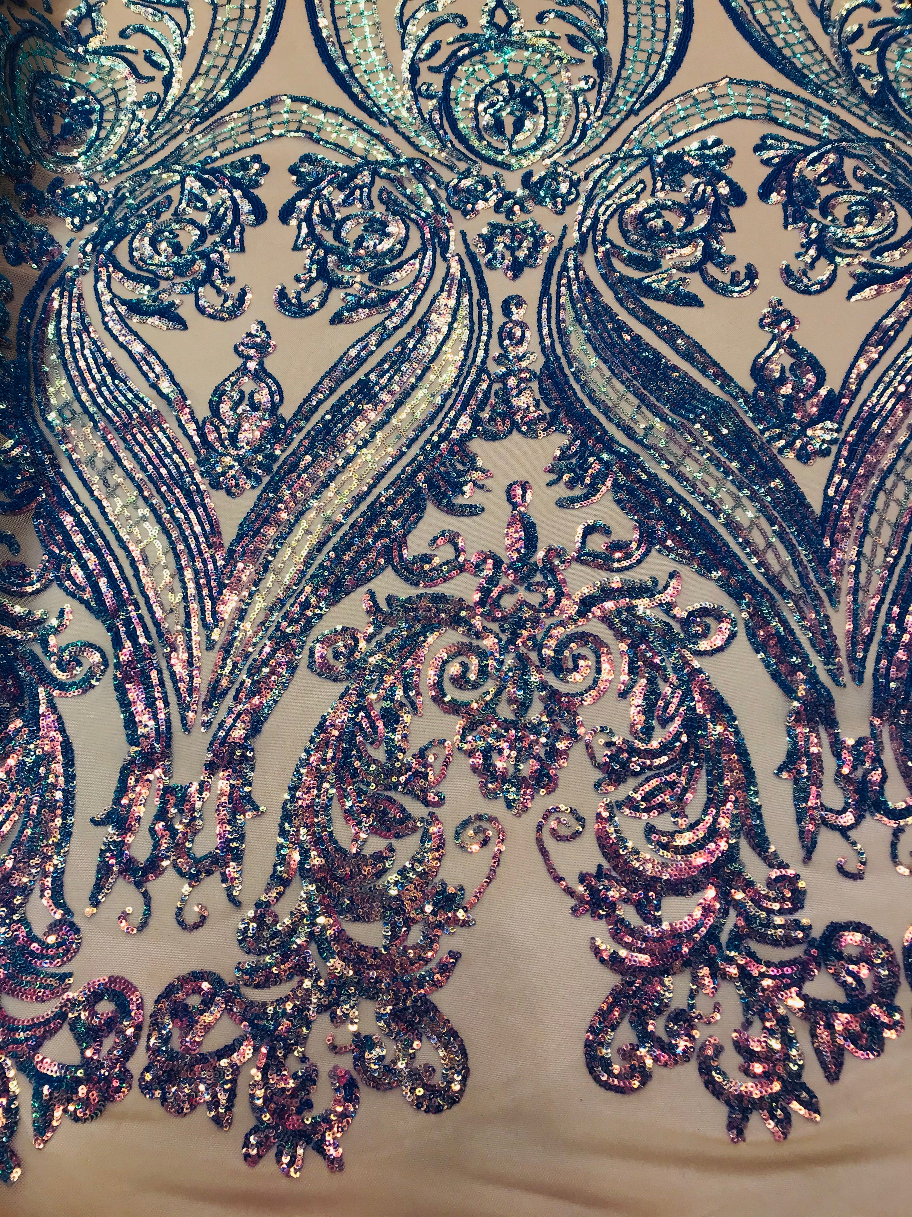 Big Damask Sequins Fabric - Iridescent Lavender - 4 Way Stretch Damask Sequins Design Fabric By Yard