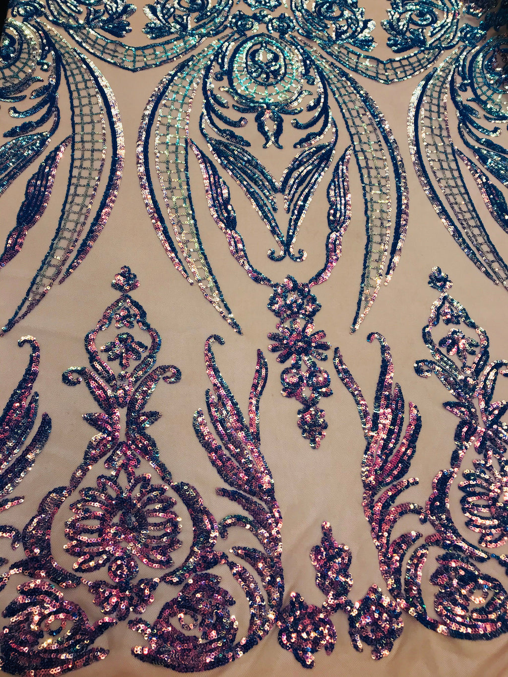 Big Damask Sequins Fabric - Iridescent Lavender - 4 Way Stretch Damask Sequins Design Fabric By Yard