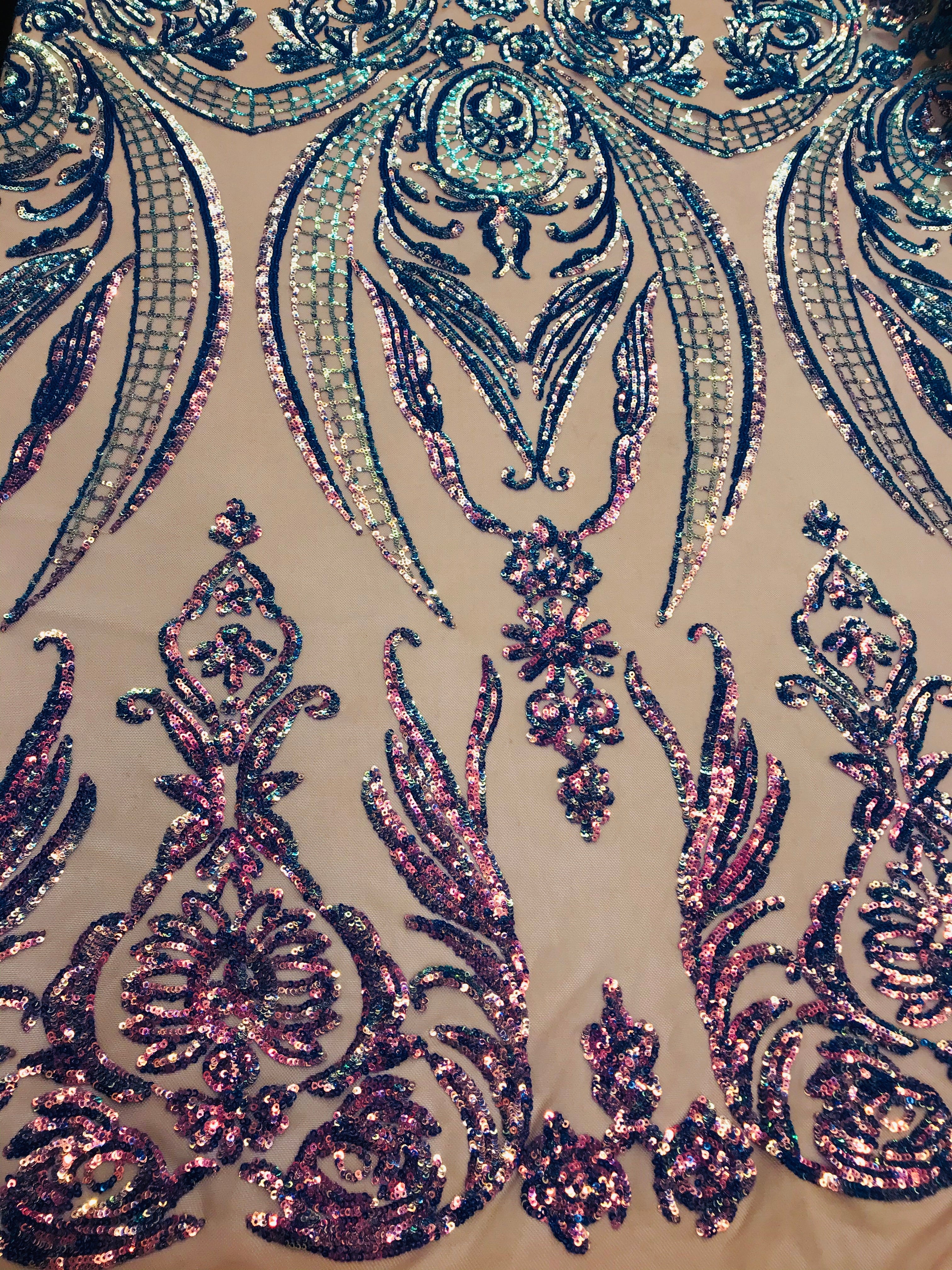 Big Damask Sequins Fabric - Iridescent Lavender - 4 Way Stretch Damask Sequins Design Fabric By Yard
