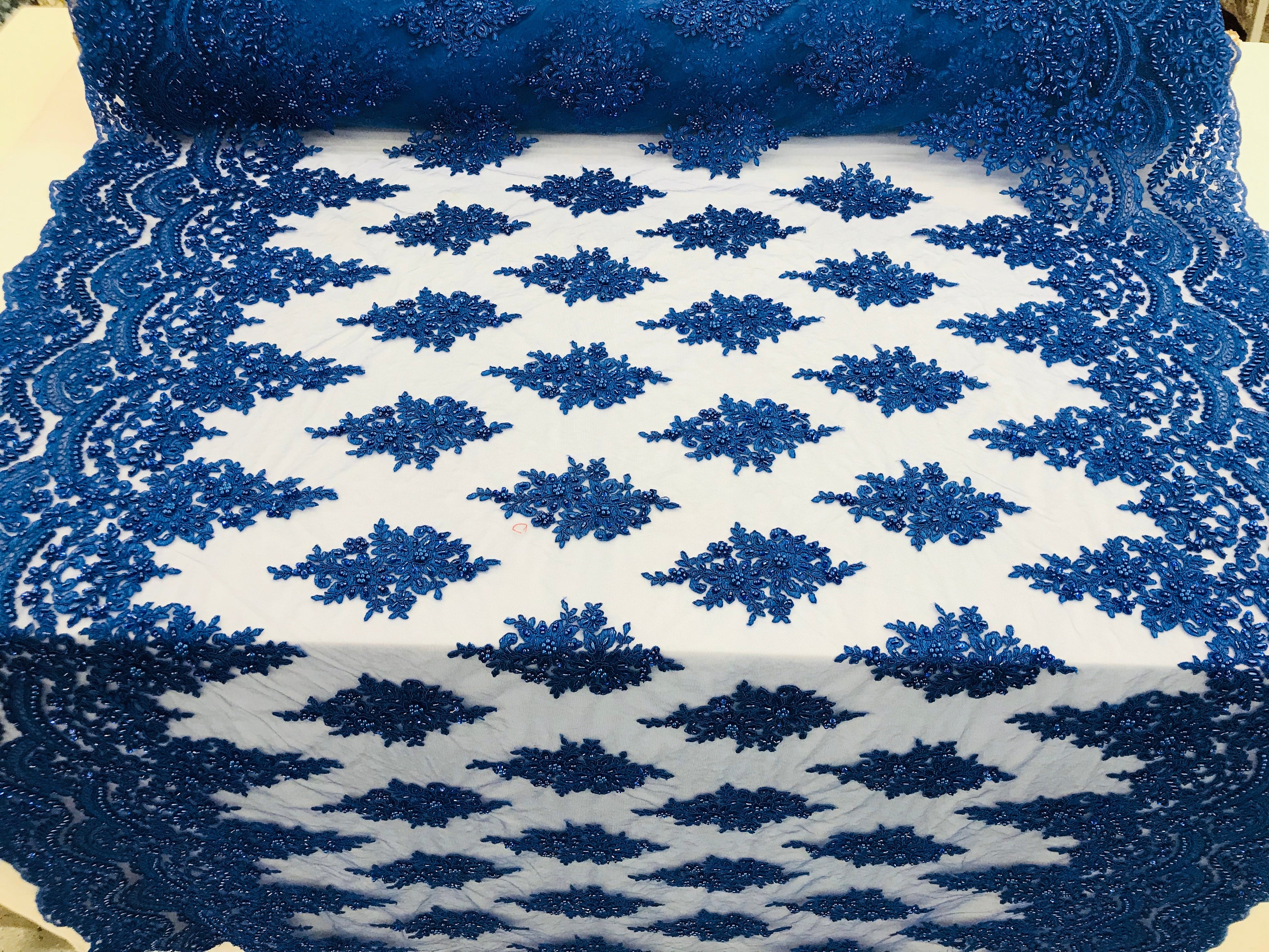 Royal Blue - Hand Beaded Embroidered Flower Pattern Bridal Wedding Lace Fabric Sold by The Yard