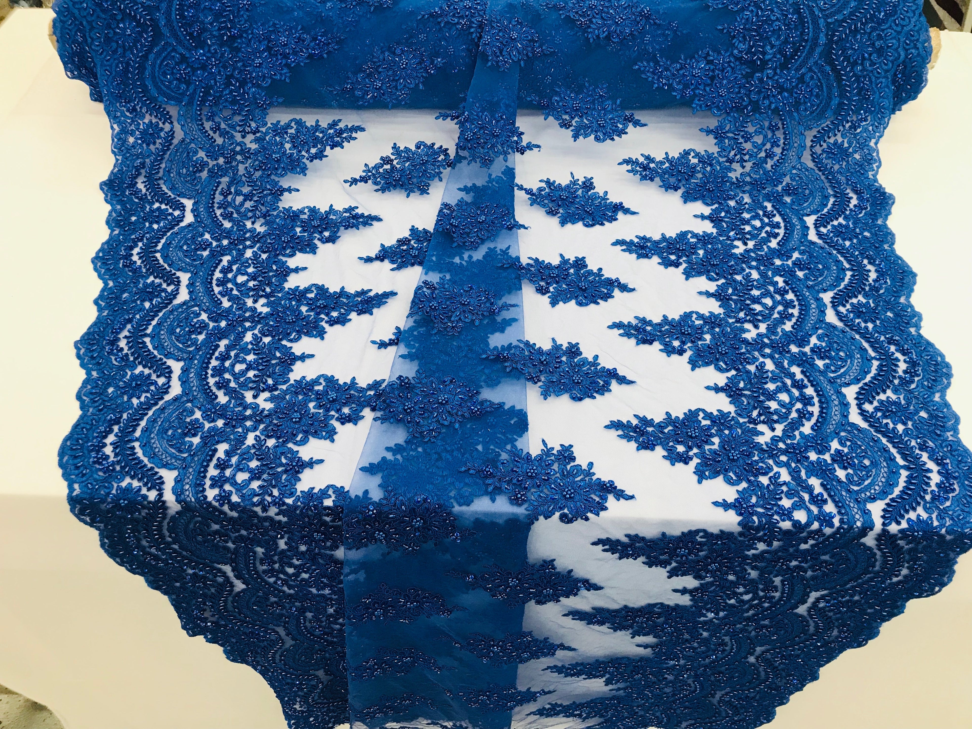 Royal Blue - Hand Beaded Embroidered Flower Pattern Bridal Wedding Lace Fabric Sold by The Yard