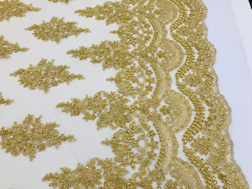 Gold - Hand Beaded Embroidered Flower Pattern Bridal Wedding Lace Fabric Sample