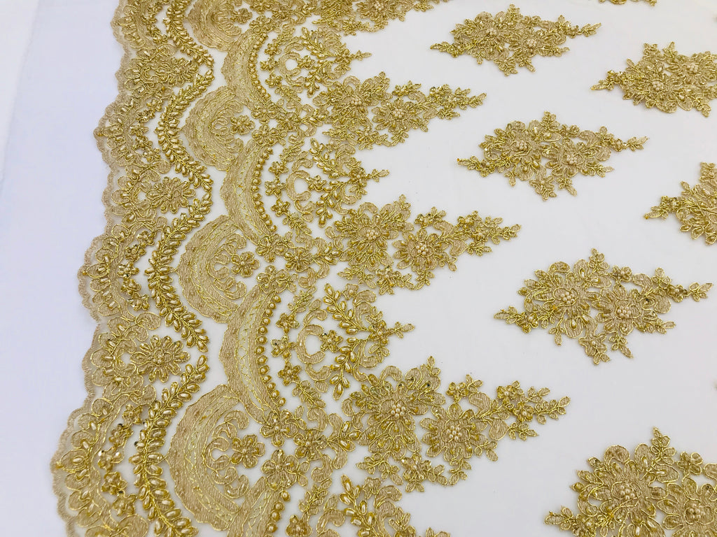 Gold - Hand Beaded Embroidered Flower Pattern Bridal Wedding Lace Fabric Sold by The Yard