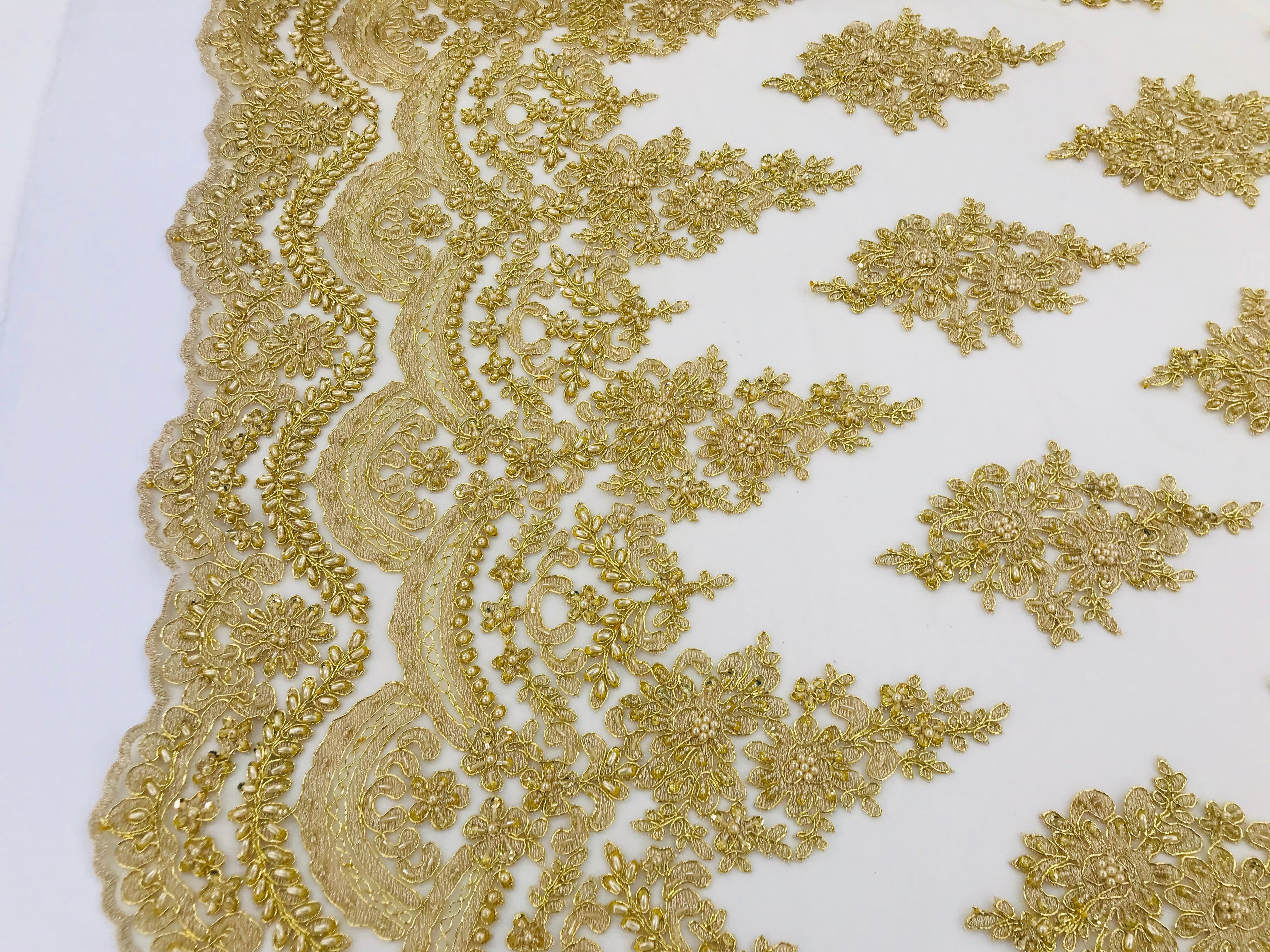 Gold - Hand Beaded Embroidered Flower Pattern Bridal Wedding Lace Fabric Sold by The Yard