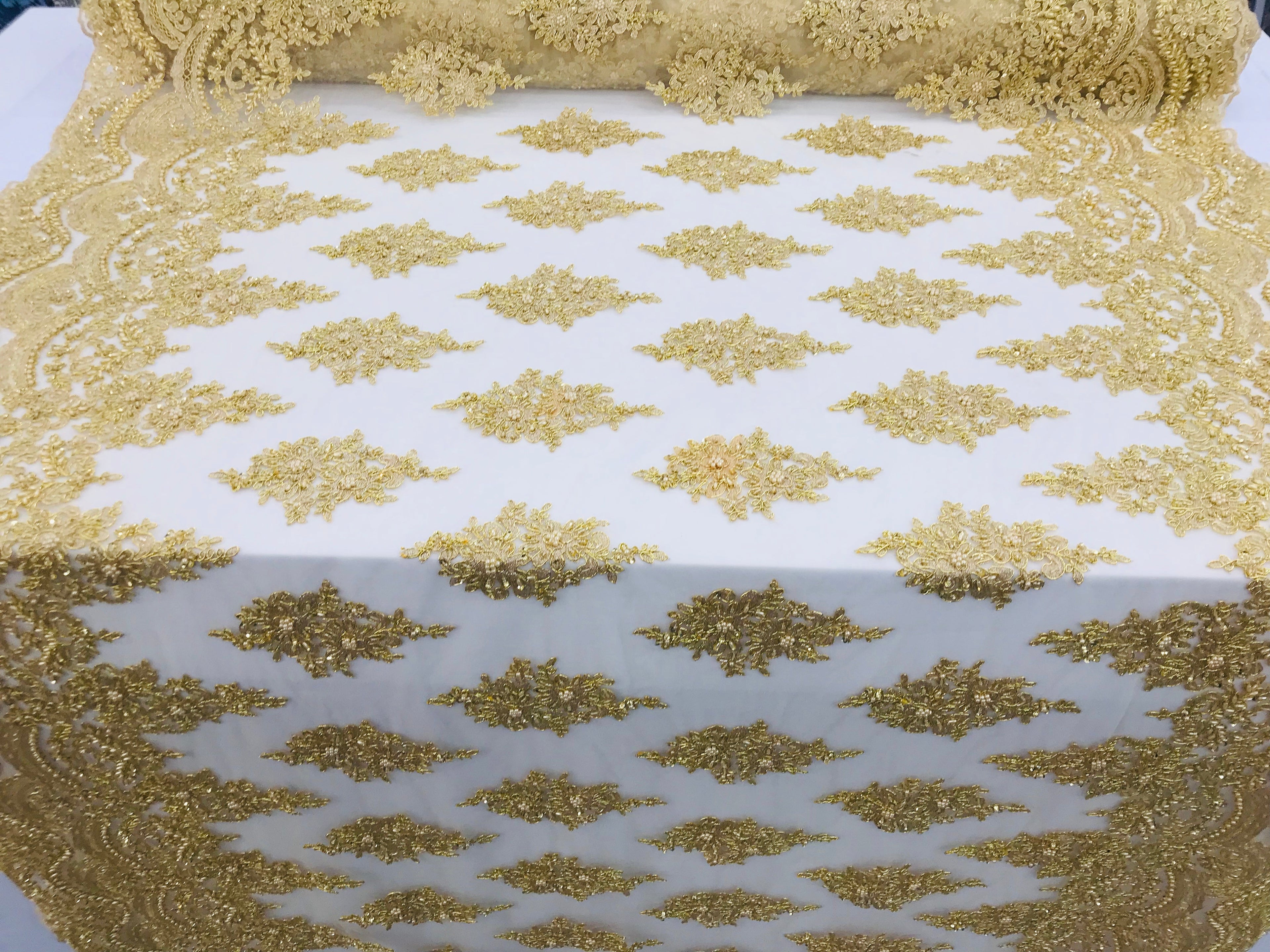 Gold - Hand Beaded Embroidered Flower Pattern Bridal Wedding Lace Fabric Sample