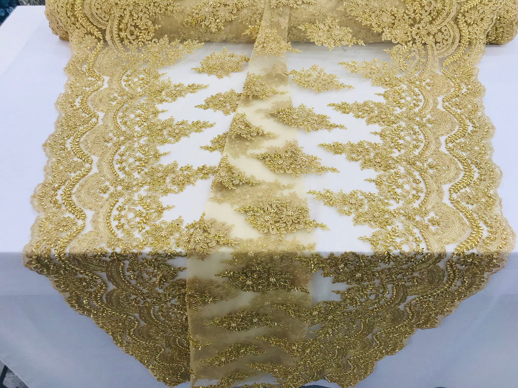 Gold - Hand Beaded Embroidered Flower Pattern Bridal Wedding Lace Fabric Sample