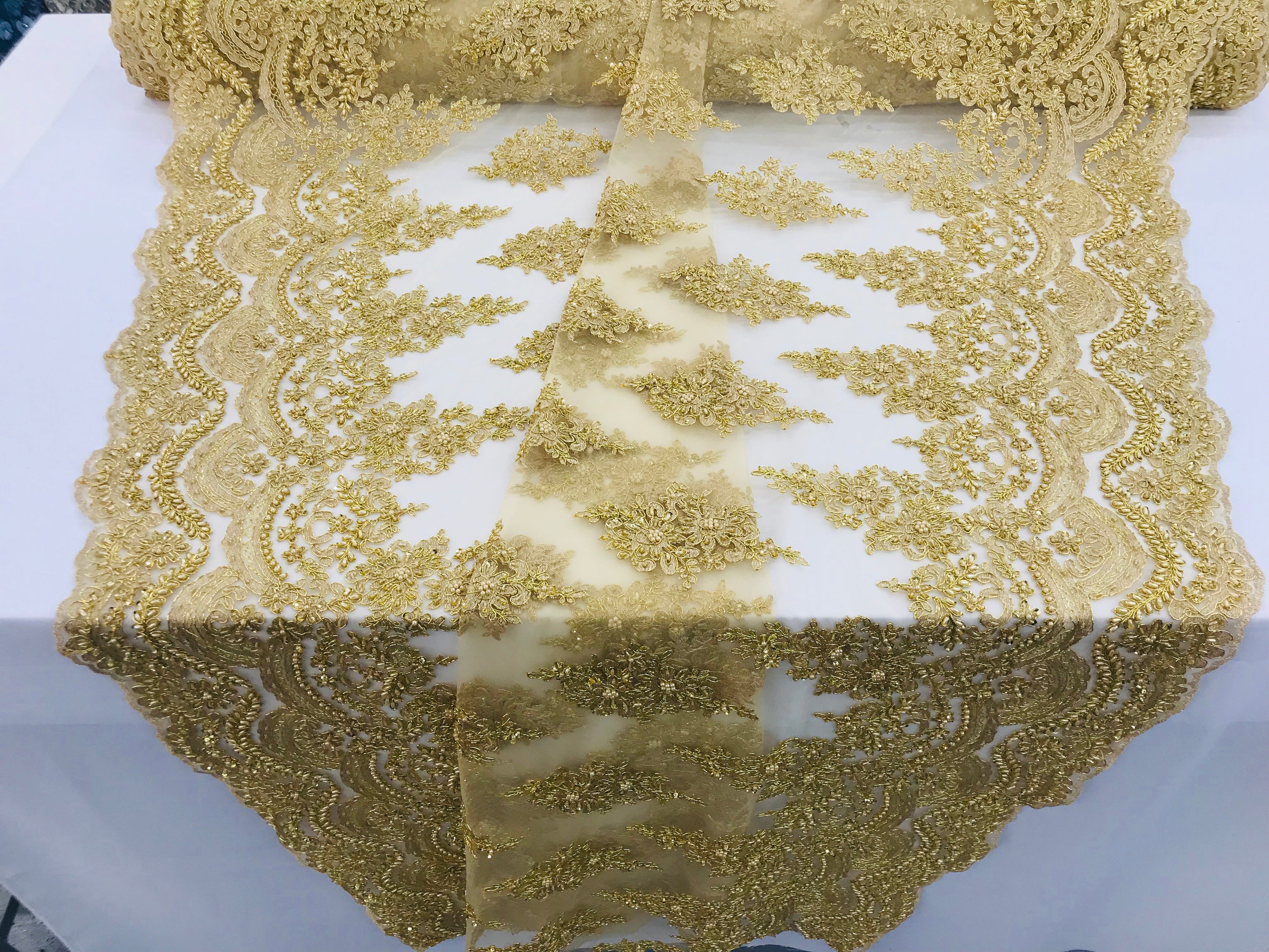 Gold - Hand Beaded Embroidered Flower Pattern Bridal Wedding Lace Fabric Sample