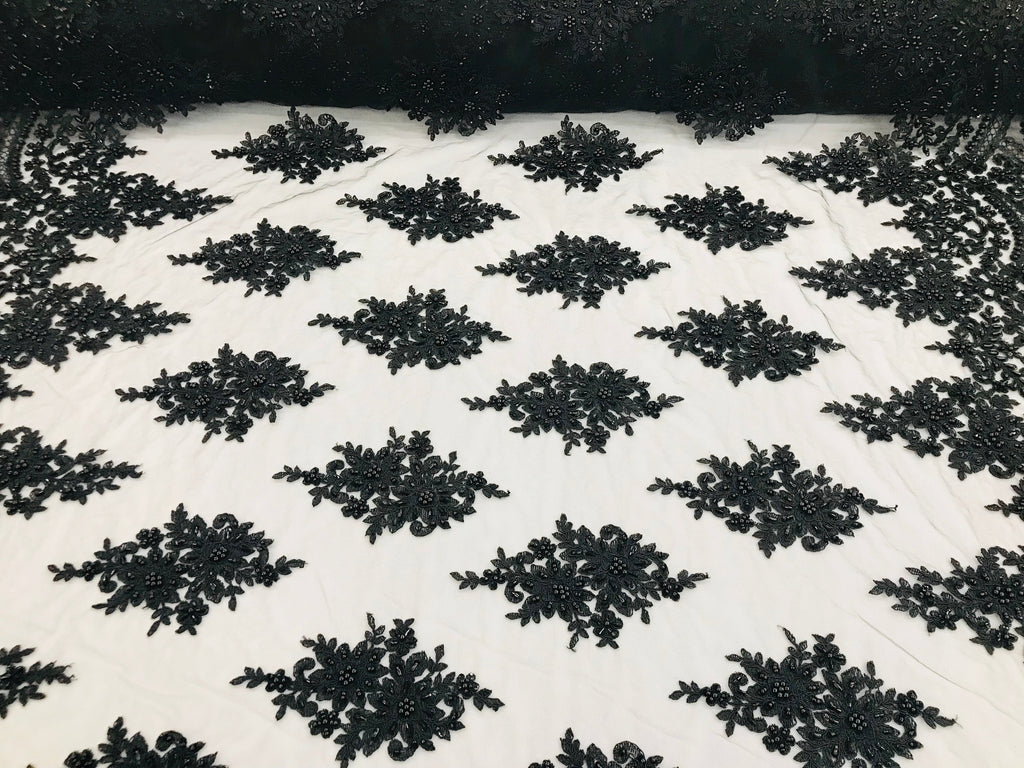 Black - Hand Beaded Embroidered Flower Pattern Bridal Wedding Lace Fabric Sold by The Yard